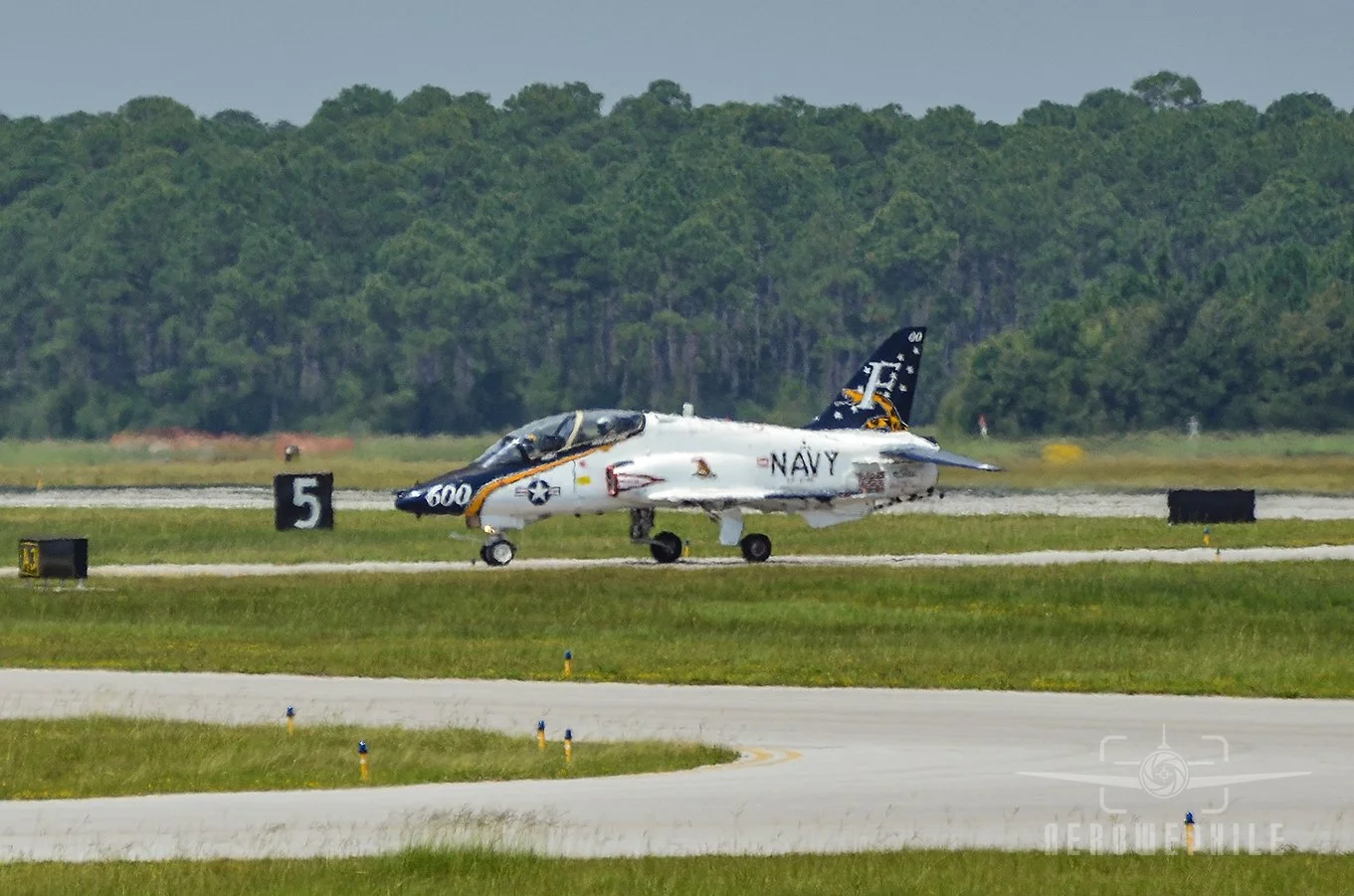 U.S. Navy T-45C Goshawk in a special "Don't Tread of Me" livery taxis in after landing.