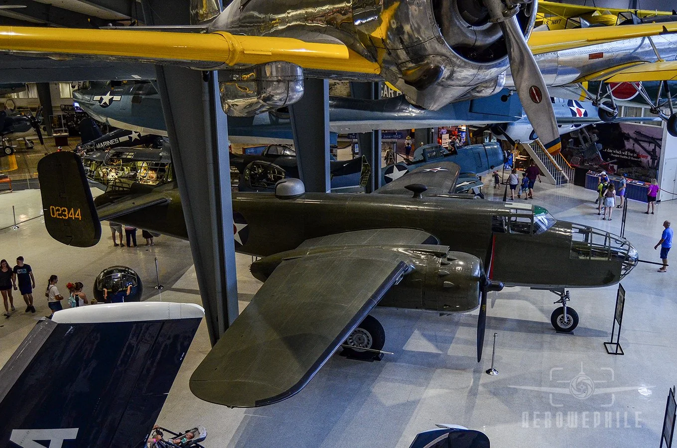 The museum’s B-25J Mitchell flew in both the Army Air Forces and the civilian market. It is painted in the markings of the airplane flown by Lieutenant Colonel James H. Doolittle on the raid from the aircraft carrier Hornet.