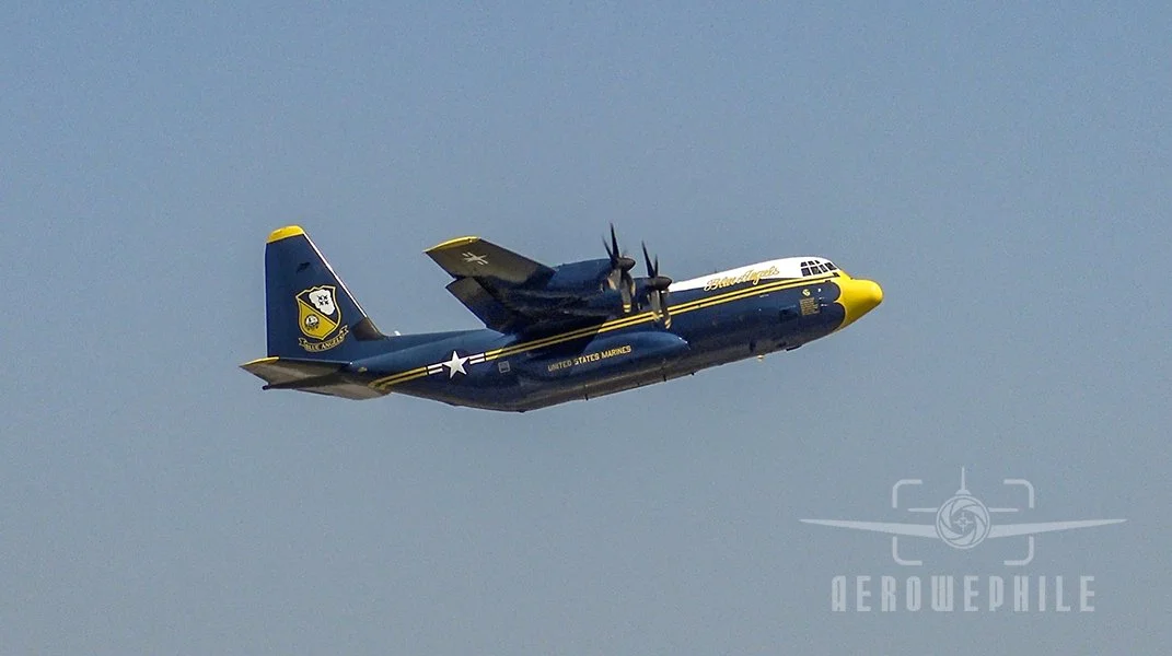 The Blue Angels logistical support aircraft, "Fat Albert", a C-130J Super Hercules, takes off at the beginning of the Blues flight demonstration.