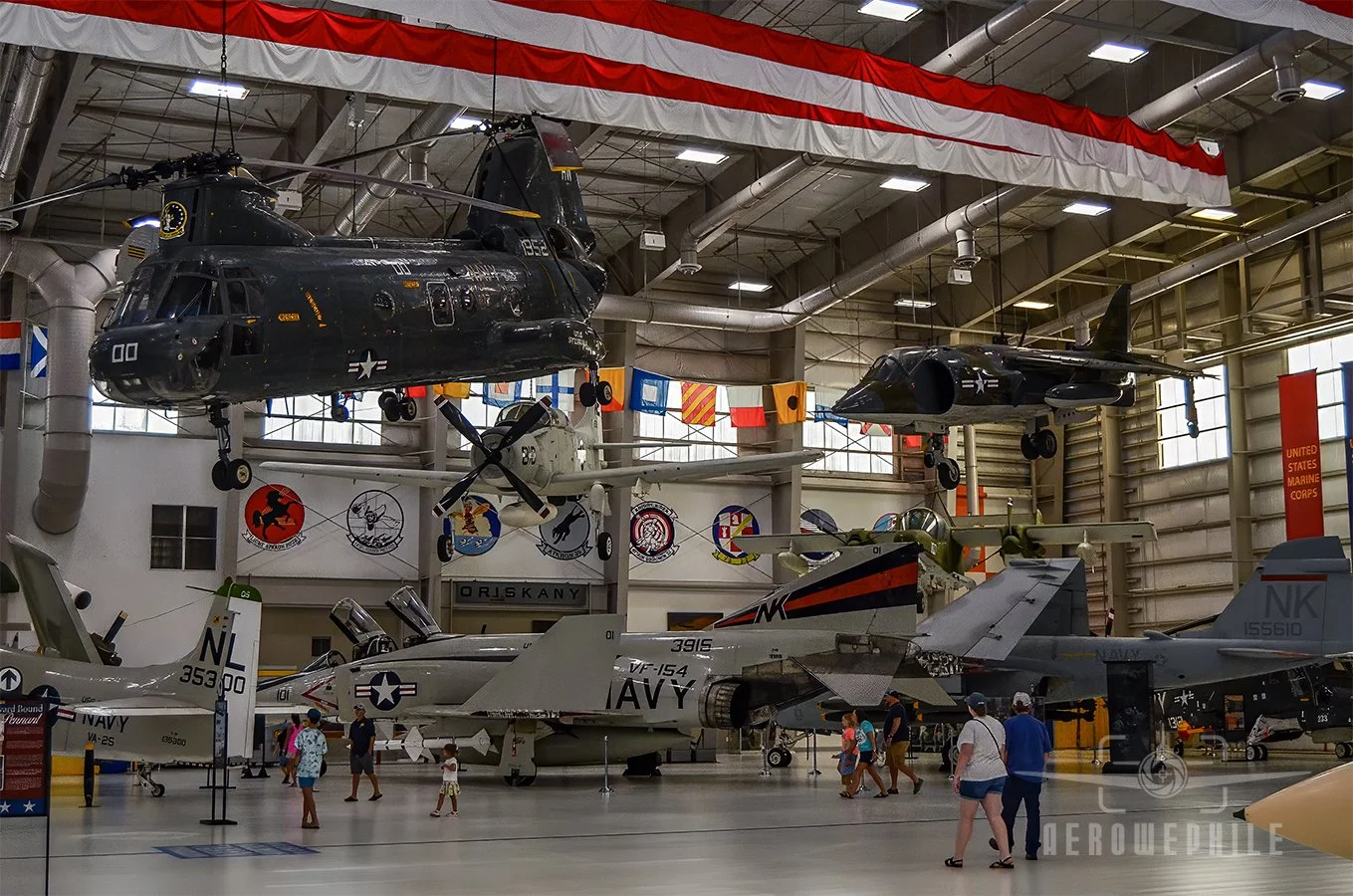 Boeing CH-46D Sea Knight (Top Left) - Douglas EA-1F Skyraider (Top Center) - Hawker Siddeley AV-8C Harrier (Top Right) - Douglas A-1H Skyraider (Bottom Left) - McDonnell-Douglas F-4N Phantom II (Bottom Center) - Grumman A-6E Intruder (Bottom Right) -
