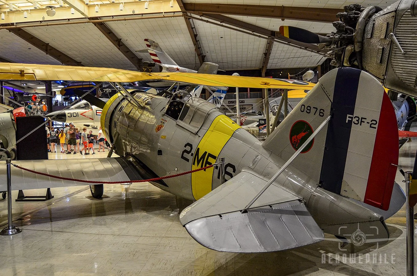 The F3F-2 on display last flew on 29 August 1940, when then-First Lieutenant Bob Galer was qualifying aboard USS Saratoga (CV-3). A malfunction forced him to ditch his aircraft in the waters off San Diego. Discovered and pulled from the Pacific in 19