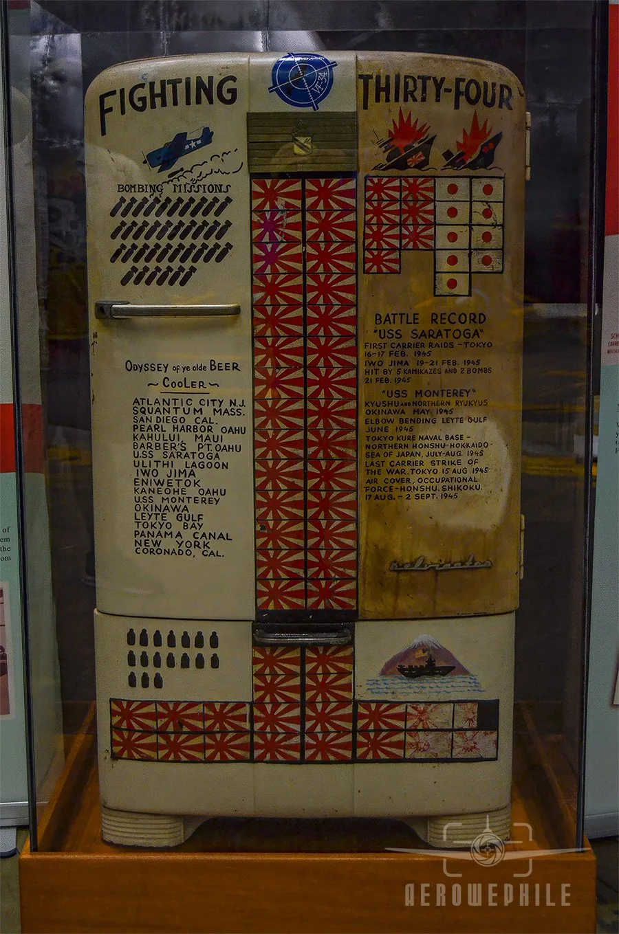 Dubbed the "Killer Kooler," the Kelvinator Icebox was in the ready room of two aircraft carriers that took part in the war. The 1940s-era appliance is painted with the names of the men who served in fighter squadron VF-34 commanded by Navy Lt. Cmdr. 