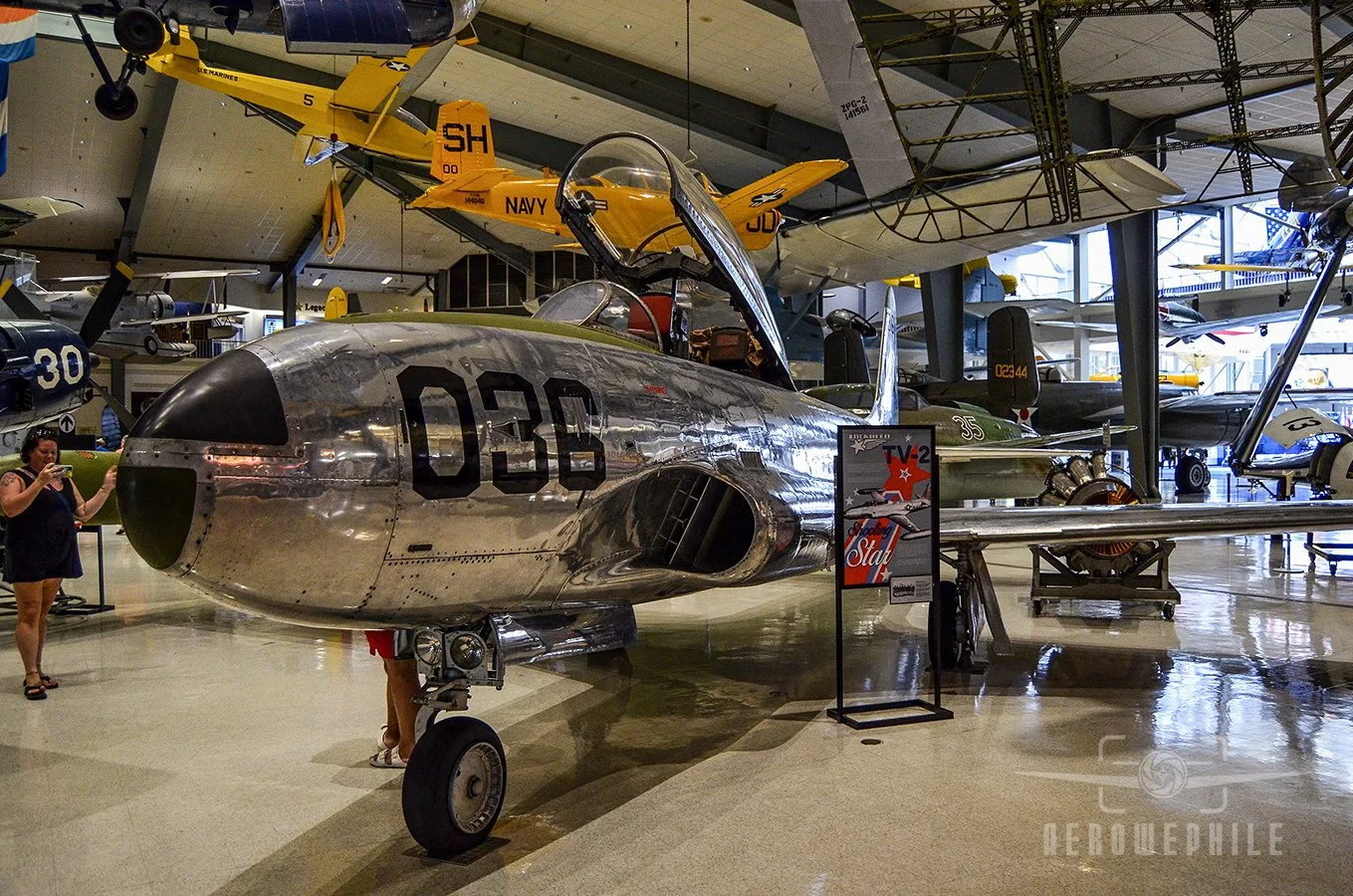 Built in 1958, the Museum's example of the Lockheed TV-2 is actually a U.S. Air Force T-33, originally assigned Air Force Serial Number 58-480. Acquired in 1994 and restored to the operational appearance of a Navy TV-2 with an unpainted, polished fin