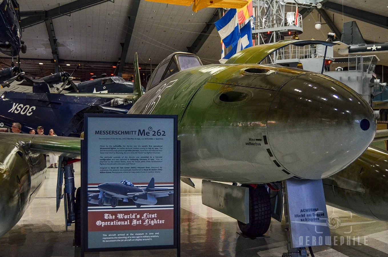 The model on display, "White 35," was captured in Schleswig, Germany in 1945. Captured jets such as this were critical to the development of new, advanced U.S. fighters in the early Cold War.