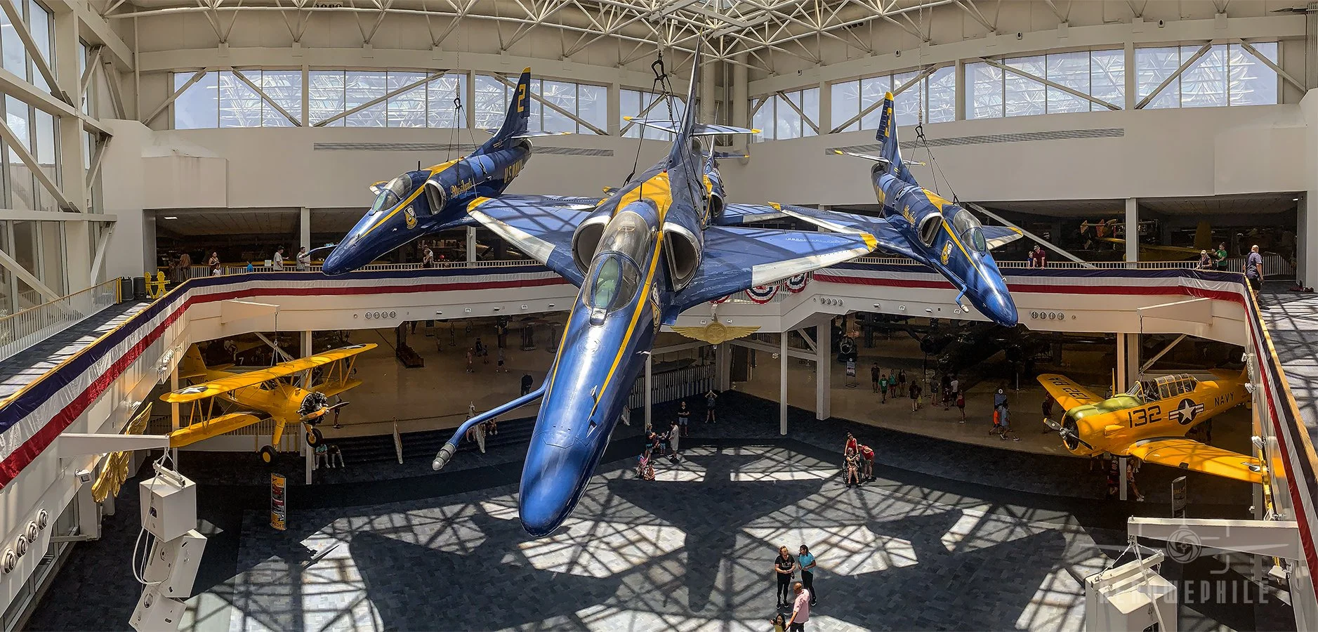 Second floor view of the Blue Angels A-4 Skyhawks hanging in the Blue Angel Atrium.