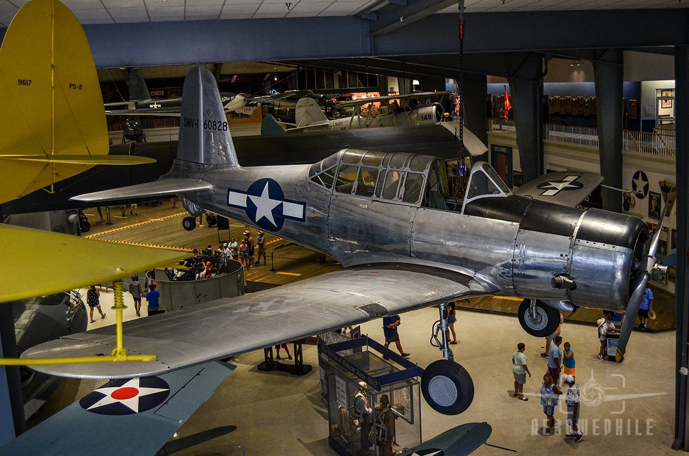 The SNV, built by Vultee Aircraft, was used as an intermediate trainer for Naval Aviators during World War II. The SNV introduced students to a more powerful Pratt & Whitney R-985 engine, incorporated two-way radio communication, manually operated fl