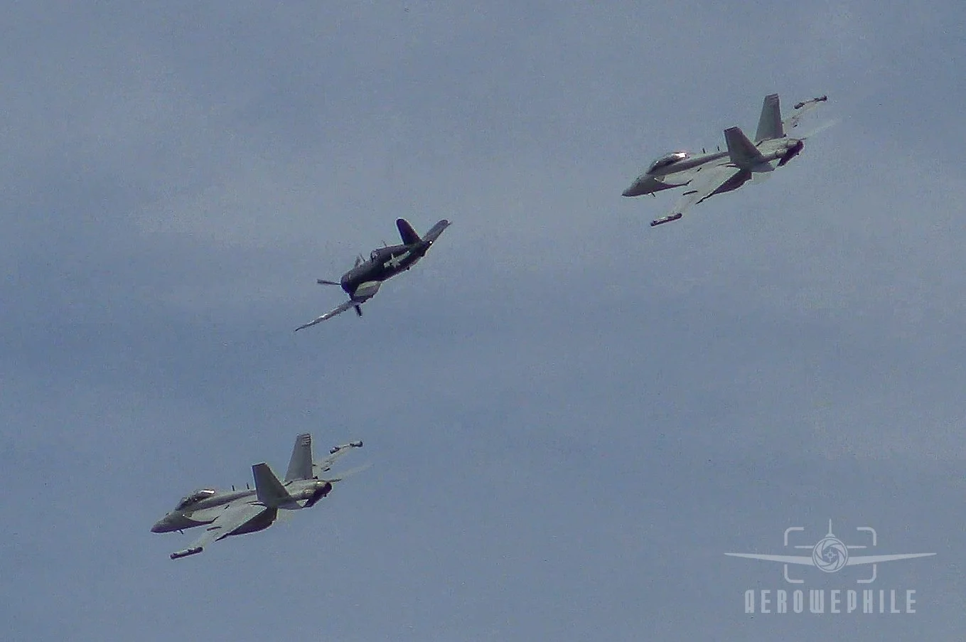 US Navy Legacy Flight with two US Navy Boeing EA-18 Growlers and an F4U Corsair.