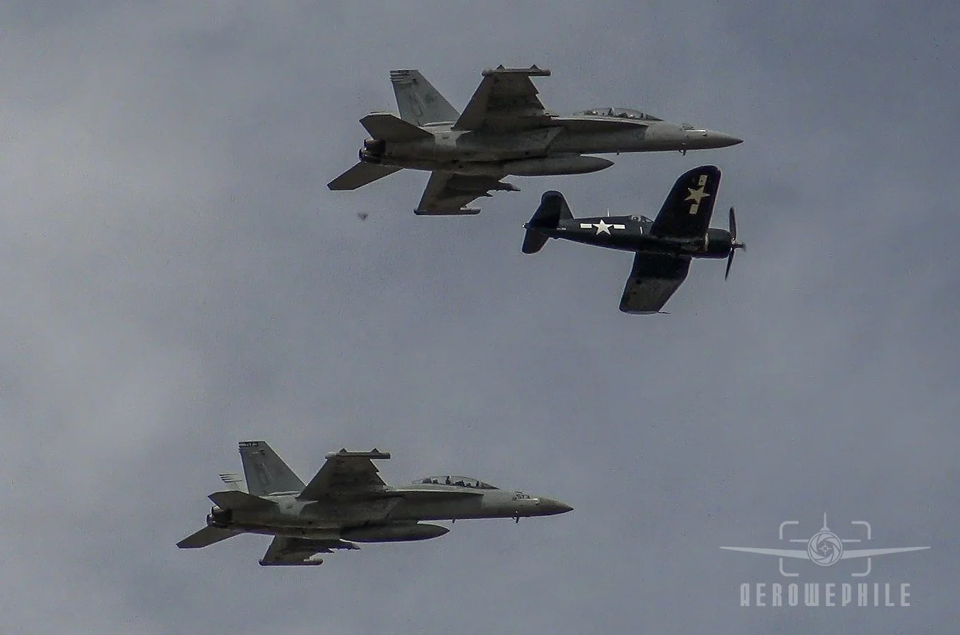 US Navy Legacy Flight with two US Navy Boeing EA-18 Growlers and an F4U Corsair.