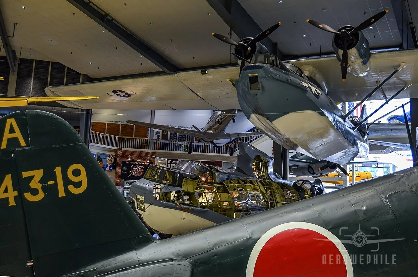 One of the most recognized aircraft in the world, the Consolidated PBY Catalina not only served in the U.S. Navy, but also with the air arms of Britain, Australia, New Zealand, Canada, the Netherlands and the Soviet Union. The suspended PBY-5 on disp