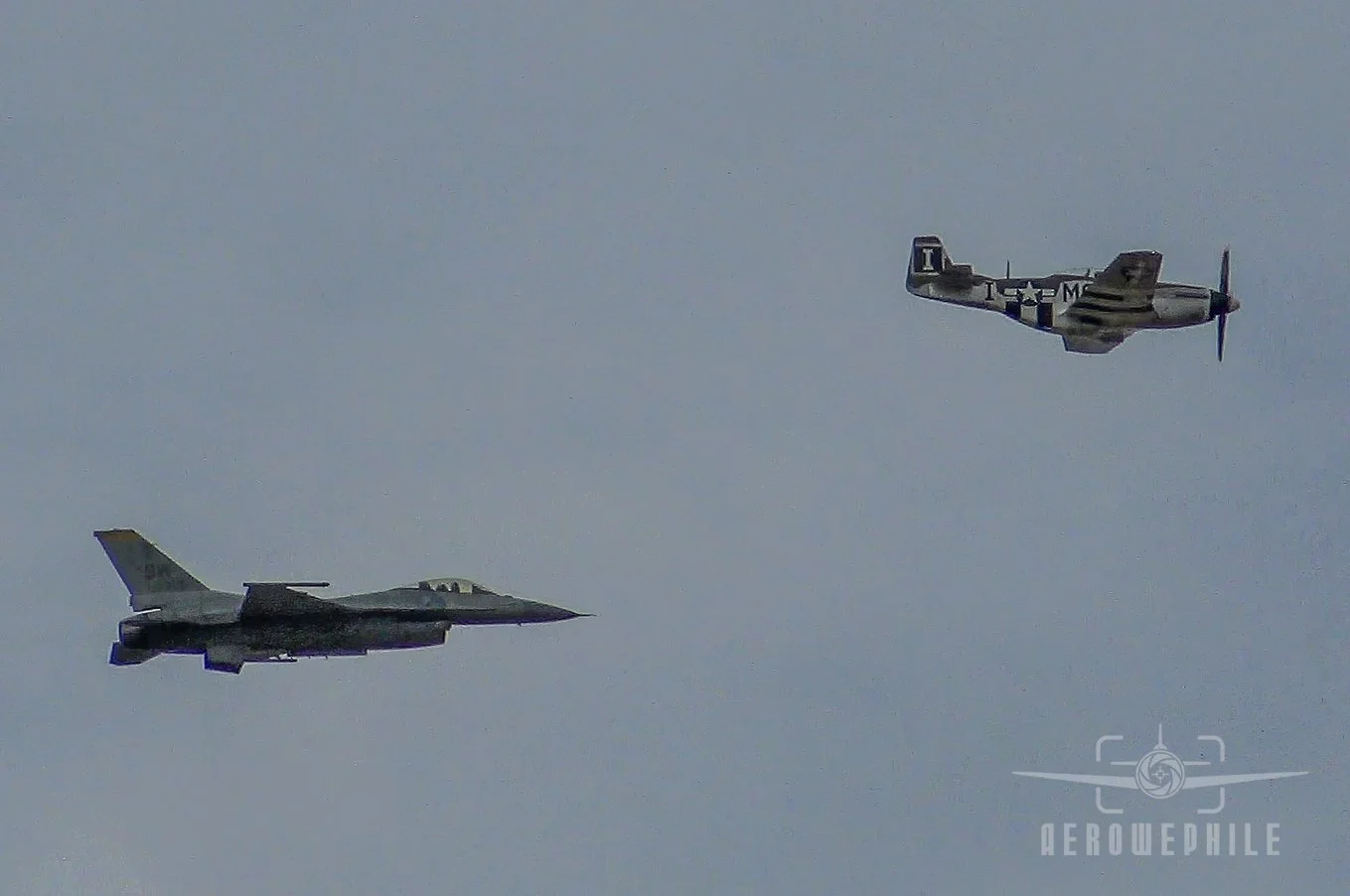 USAF Heritage Flight with a USAF Lockheed-Martin F-16C Fighting Falcon and a North American P-51D Mustang.