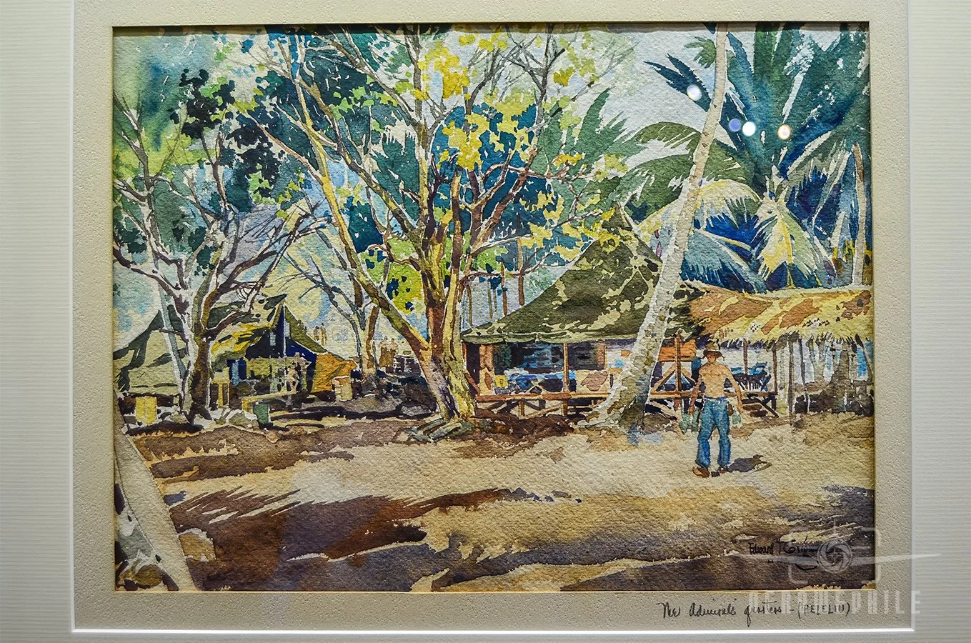 Naval Aviation Art Gallery - Watercolor by Edward T. Grigware - 1944 - Title: New Admiral Quarters - Bright colors of island trees and vegetation frame the headquarters of Commander, Western Carolines, Peleliu. A shirtless sailer models the work unif