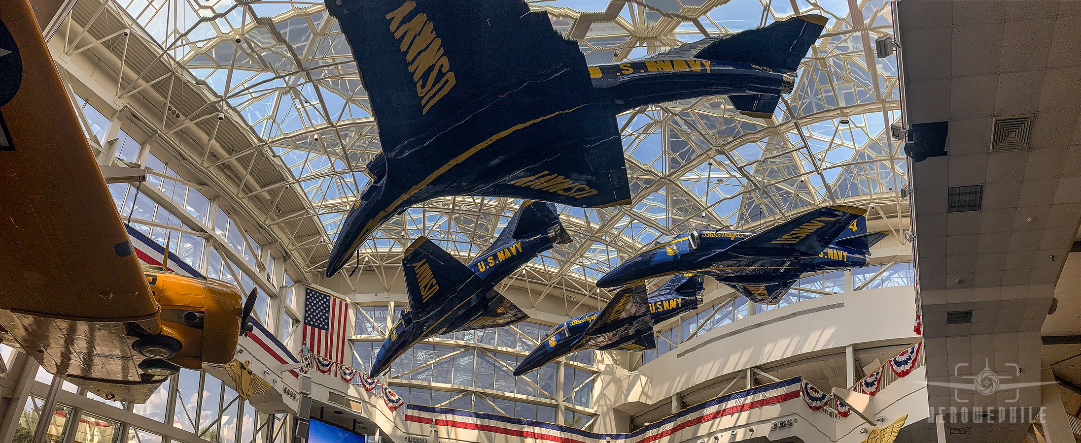 Ground floor view of the Blue Angels A-4 Skyhawks hanging in the Blue Angel Atrium.