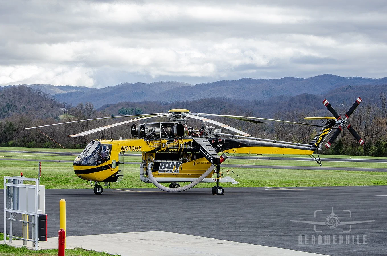 Helicopter Express Sikorsky S-64F Skycrane N630HX tied down on the newly opened ramp space across from the Elizabethton Airport terminal.
23Mar26