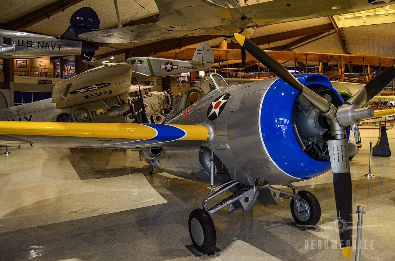 First flown in February 1939, the rugged and heavily armed F4F Wildcat became the Navy/Marine Corps premier fighter until late 1942. This F4F-3 is displayed in the markings in which it was originally painted when it flew from the carrier Wasp (CV-7) 
