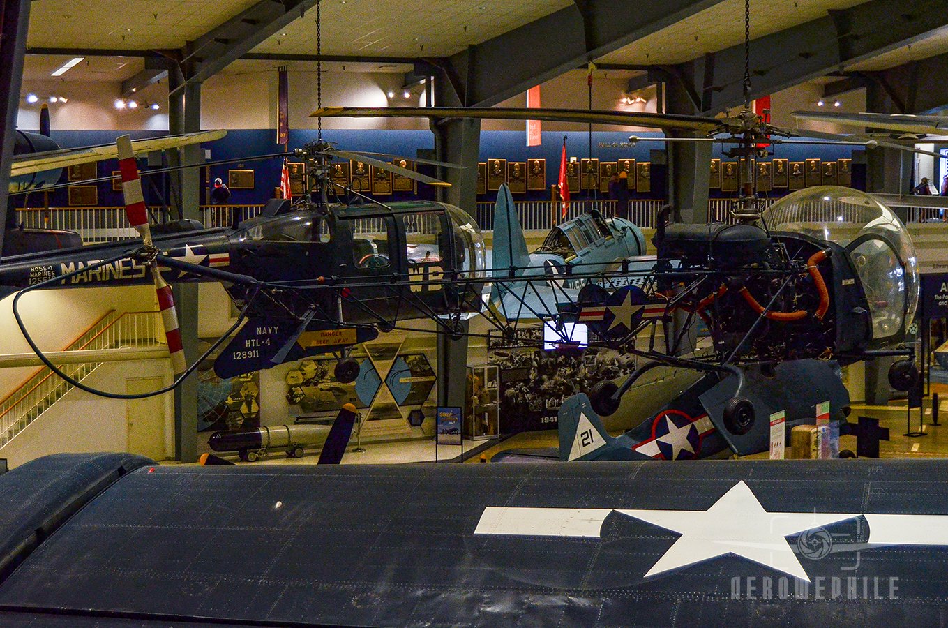 The HO5S and the HTL Sioux helicopters hanging in the West Wing.