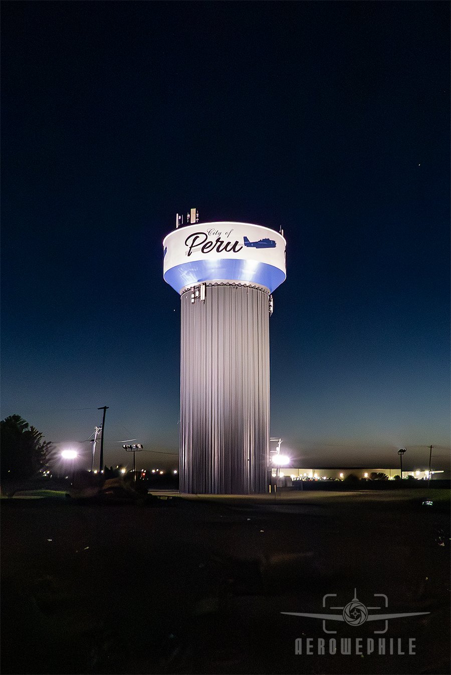 The Peru, Illinois water tower with a TBM Avenger painted on the side is very impressive when lit up at night.