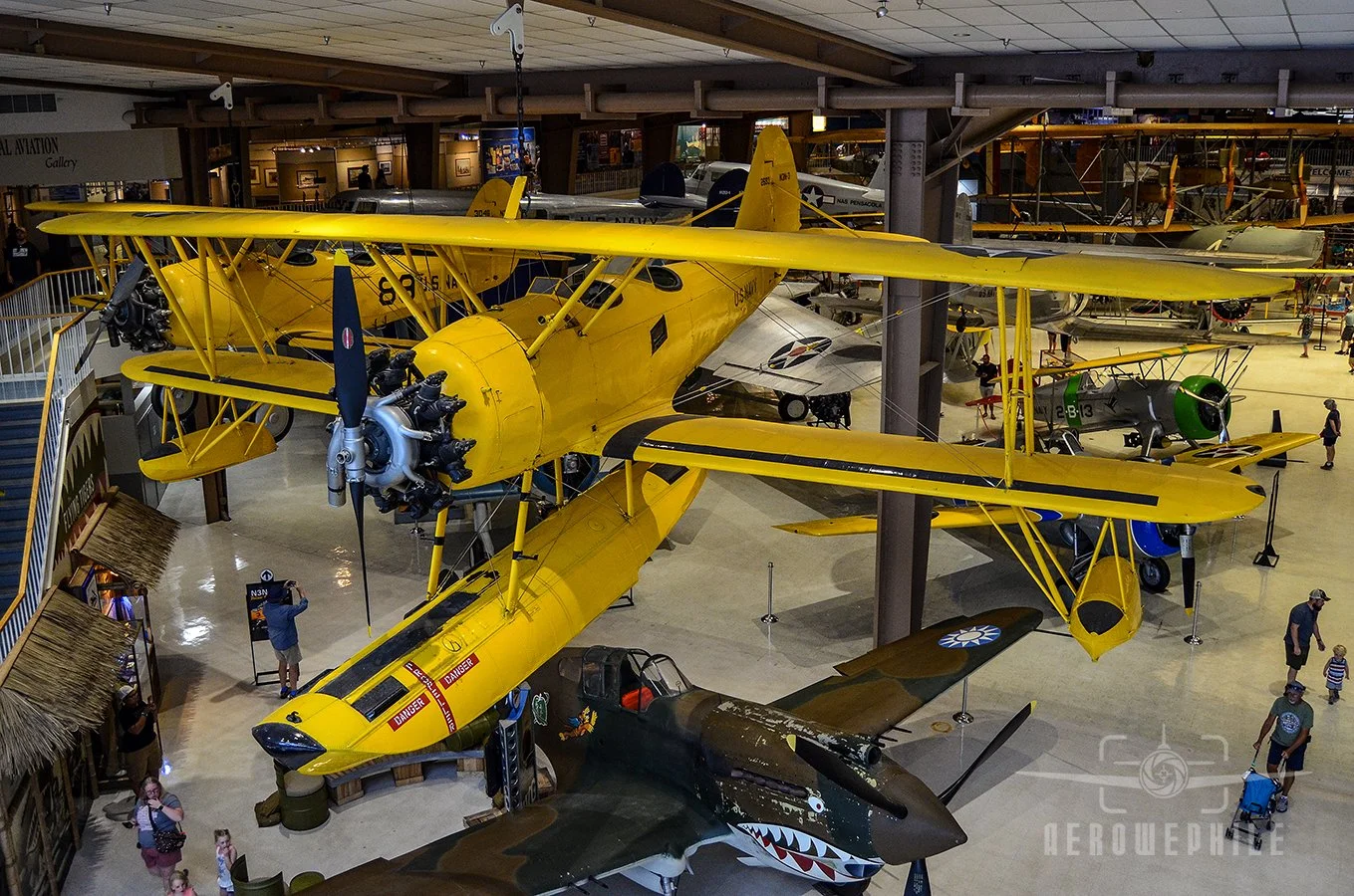 N3N "Yellow Peril" (floatplane) - Accepted by the Navy in September 1941, the Museum's floatplane version of the N3N-3 Yellow Peril (Bureau Number 3046) flew throughout World War II. It continued in operation at Naval Air Station (NAS) Pensacola and 