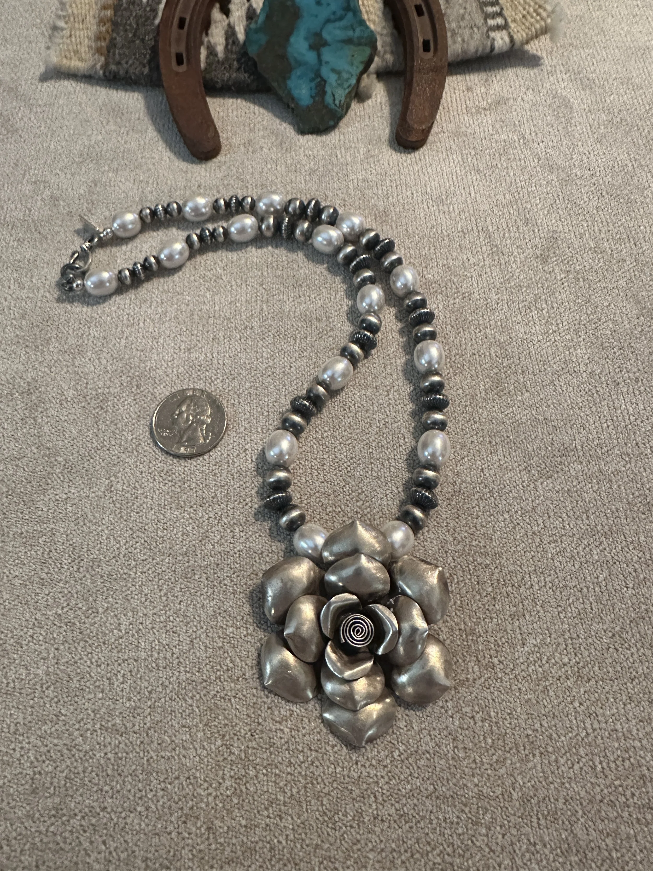 Freshwater Cultured Pearl Necklace with Large Rose Pendant