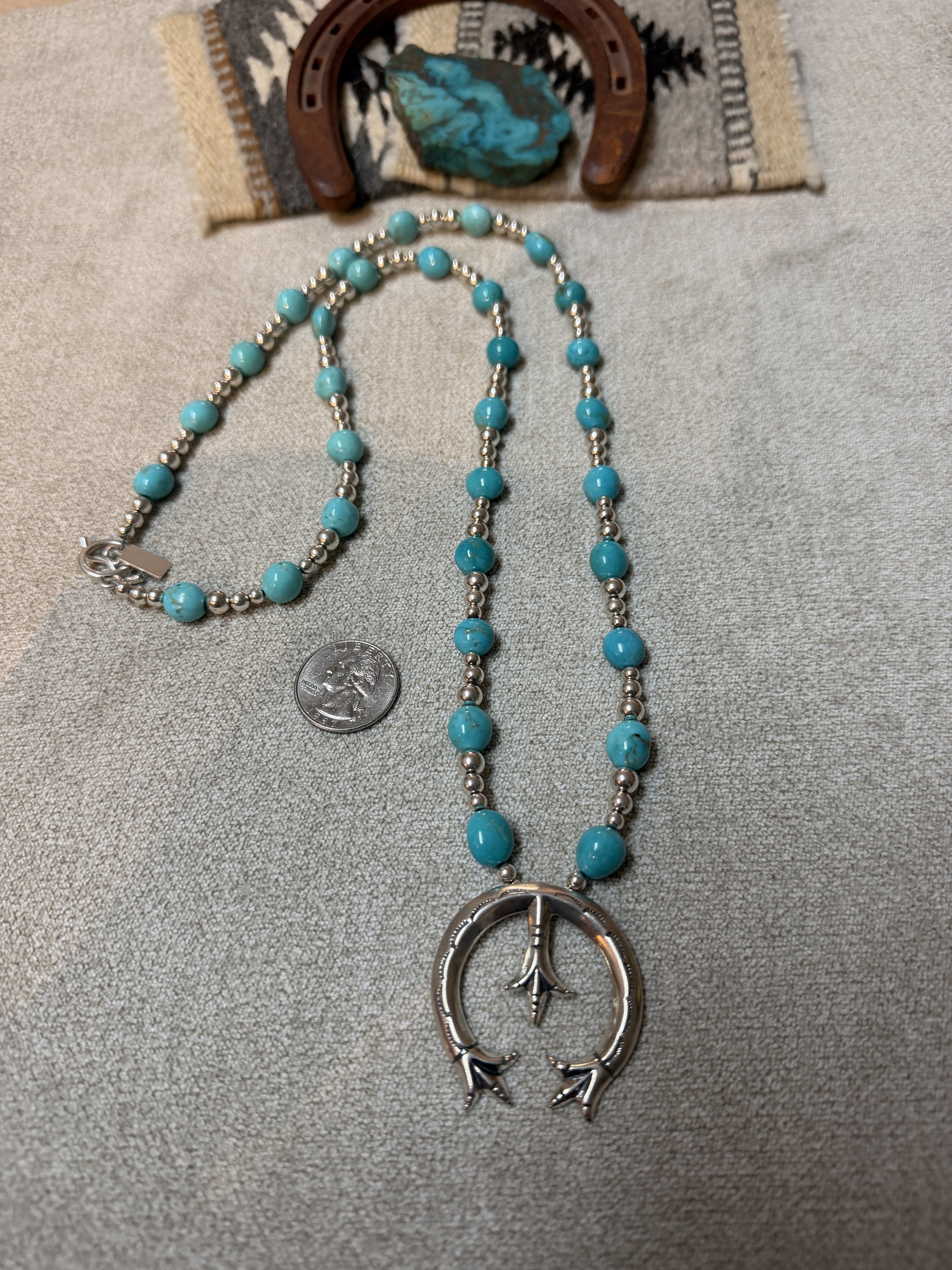 Long Kingman Turquoise Necklace w/Sterling Silver Naja