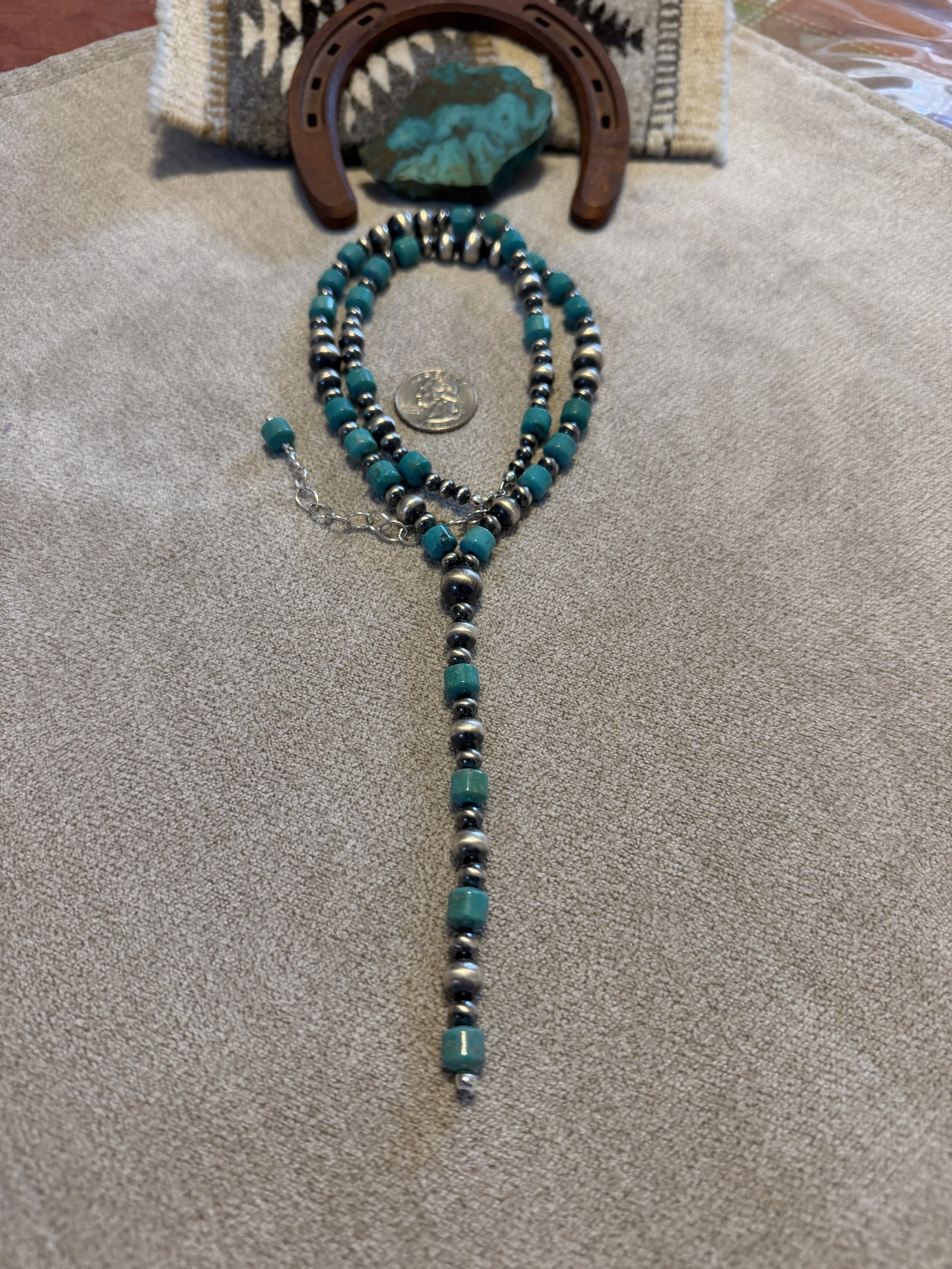Lariat Turquoise Necklace with Desert Sterling Silver Pearls