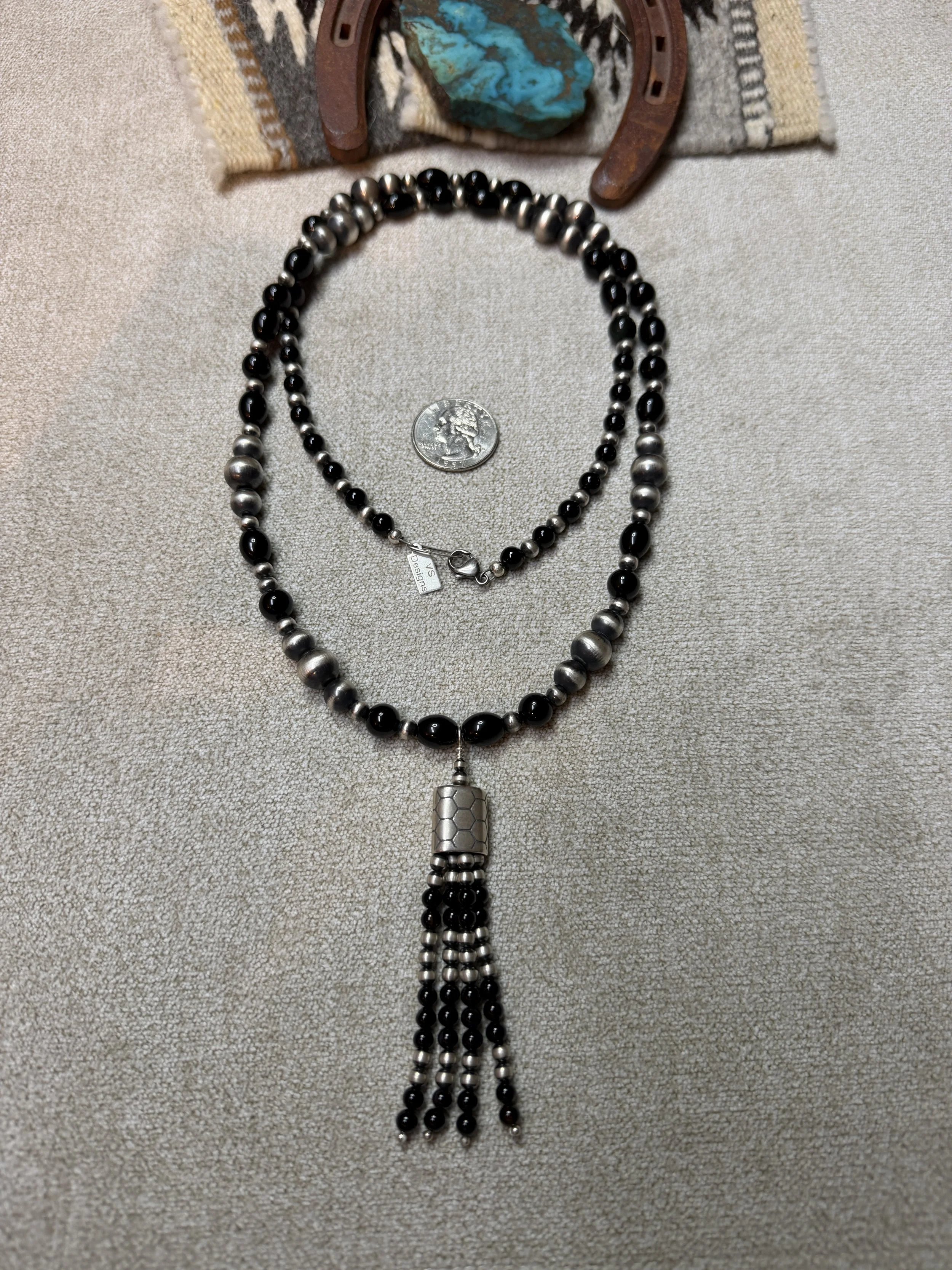 Black Onyx Different Shapes &  Desert Sterling Silver Pearls Lariat Necklace