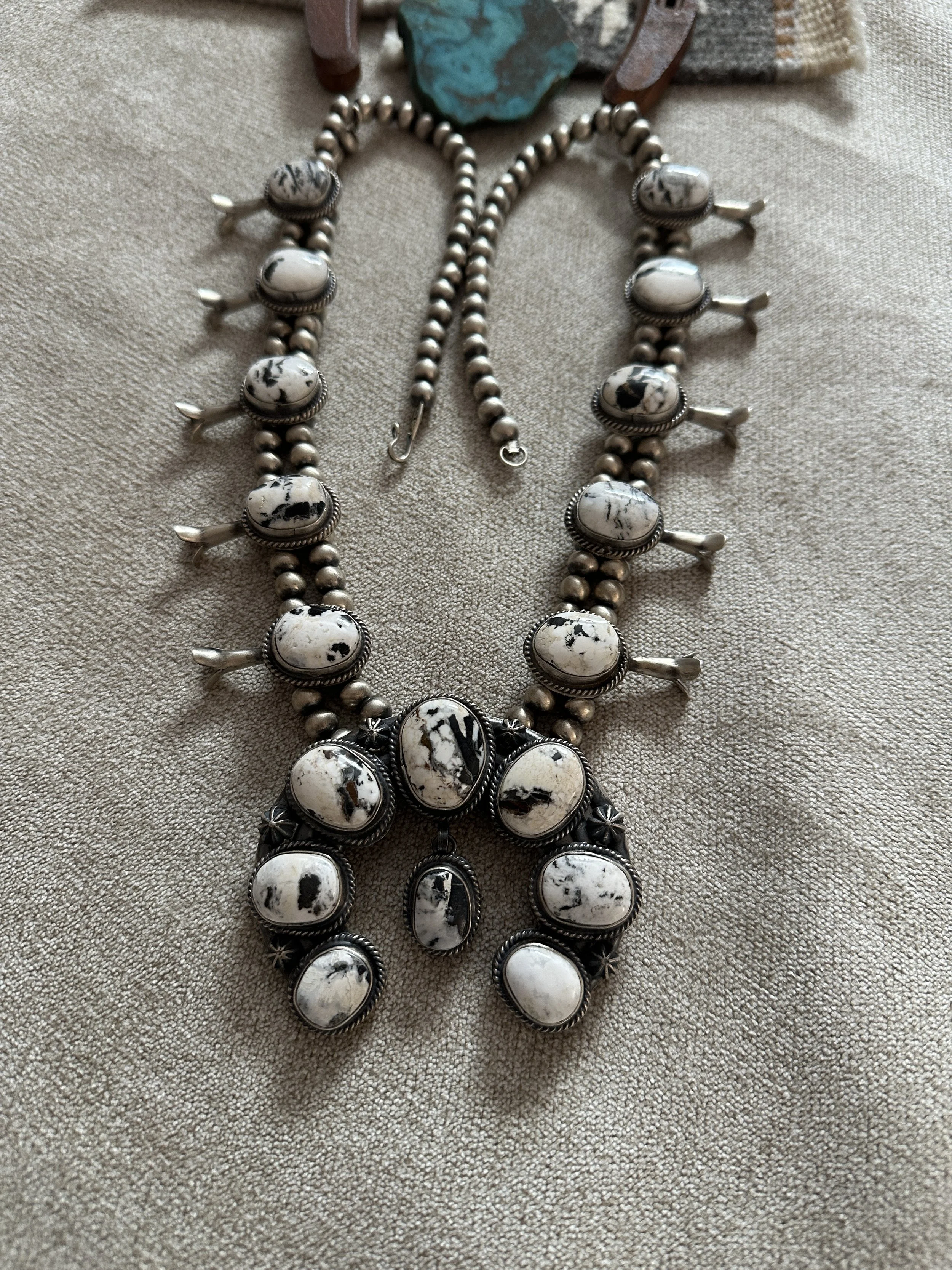 White Buffalo Turquoise Squash Blossom Set