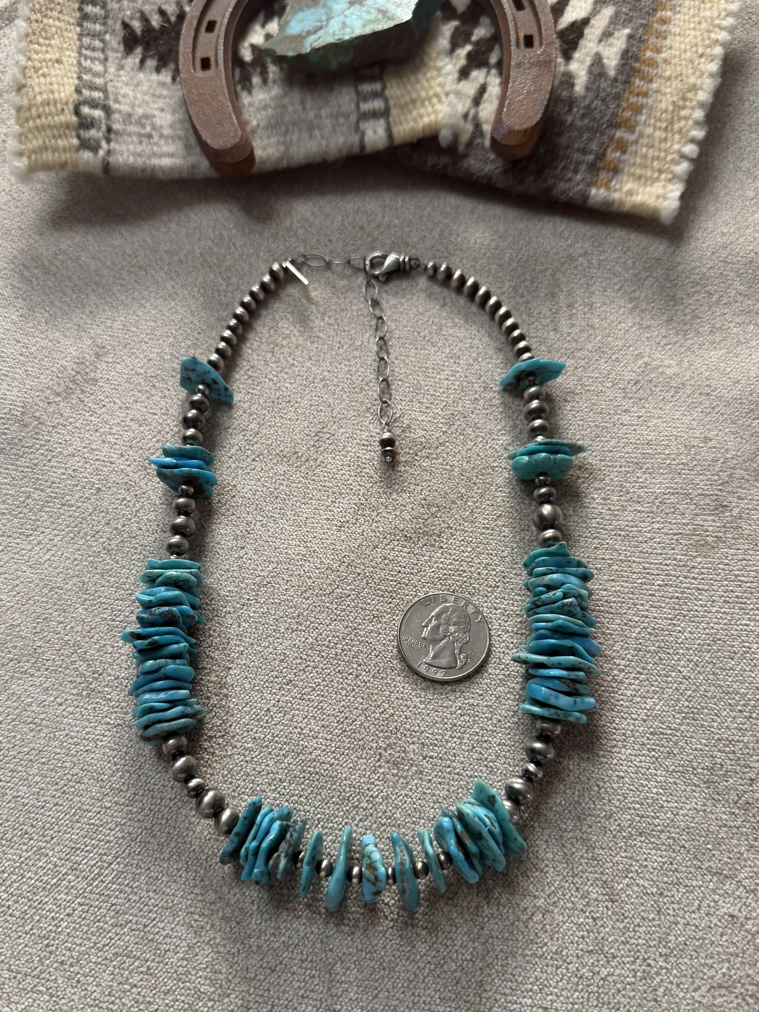 Blue Flat Rough Disc Turquoise Necklace w/Desert Sterling Silver Pearls