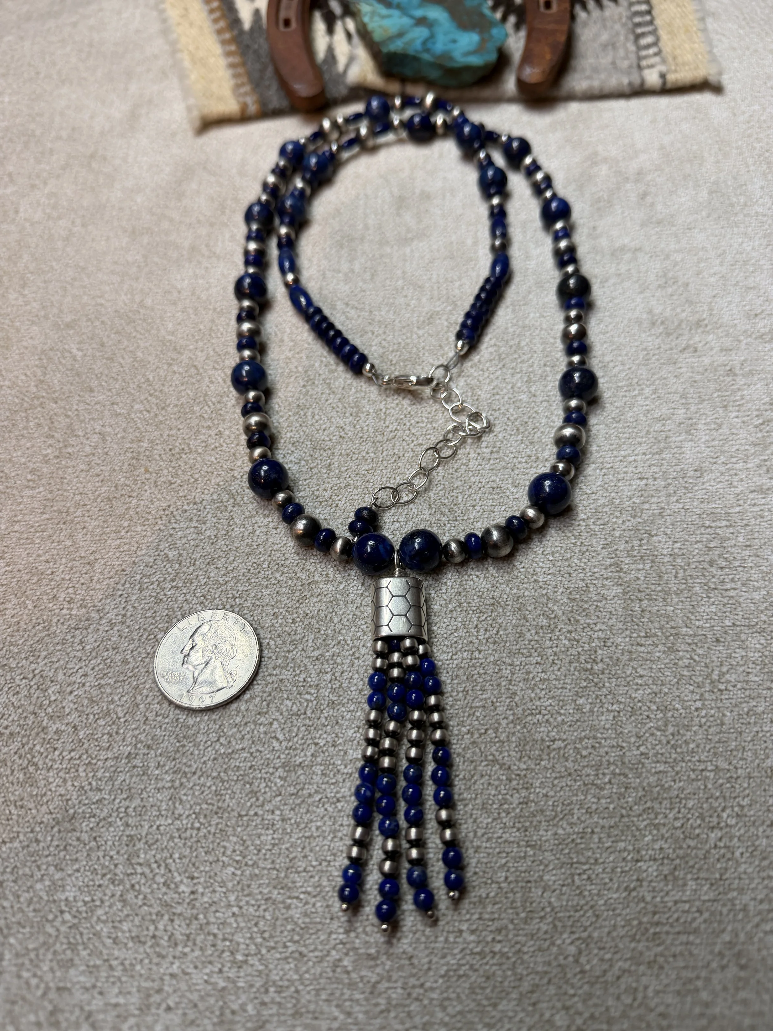 Long Lapis Lazuli Necklace with Desert Sterling Silver Pearl w/Tassel