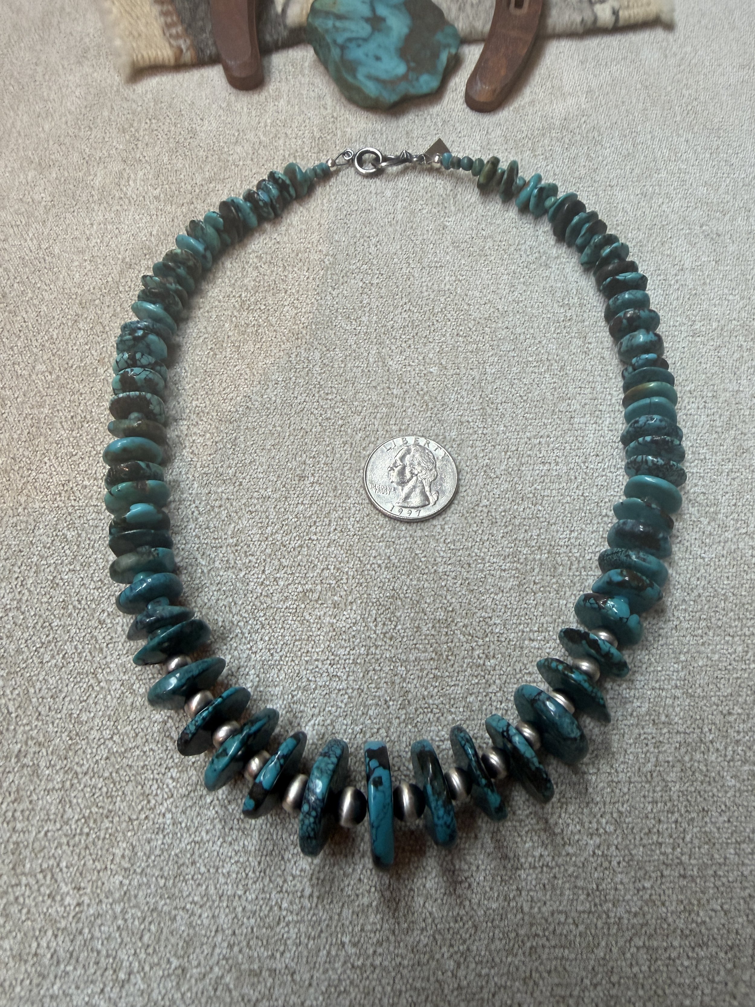Graduated Turquoise Rondelle Disc with Desert Sterling Silver Pearl Necklace