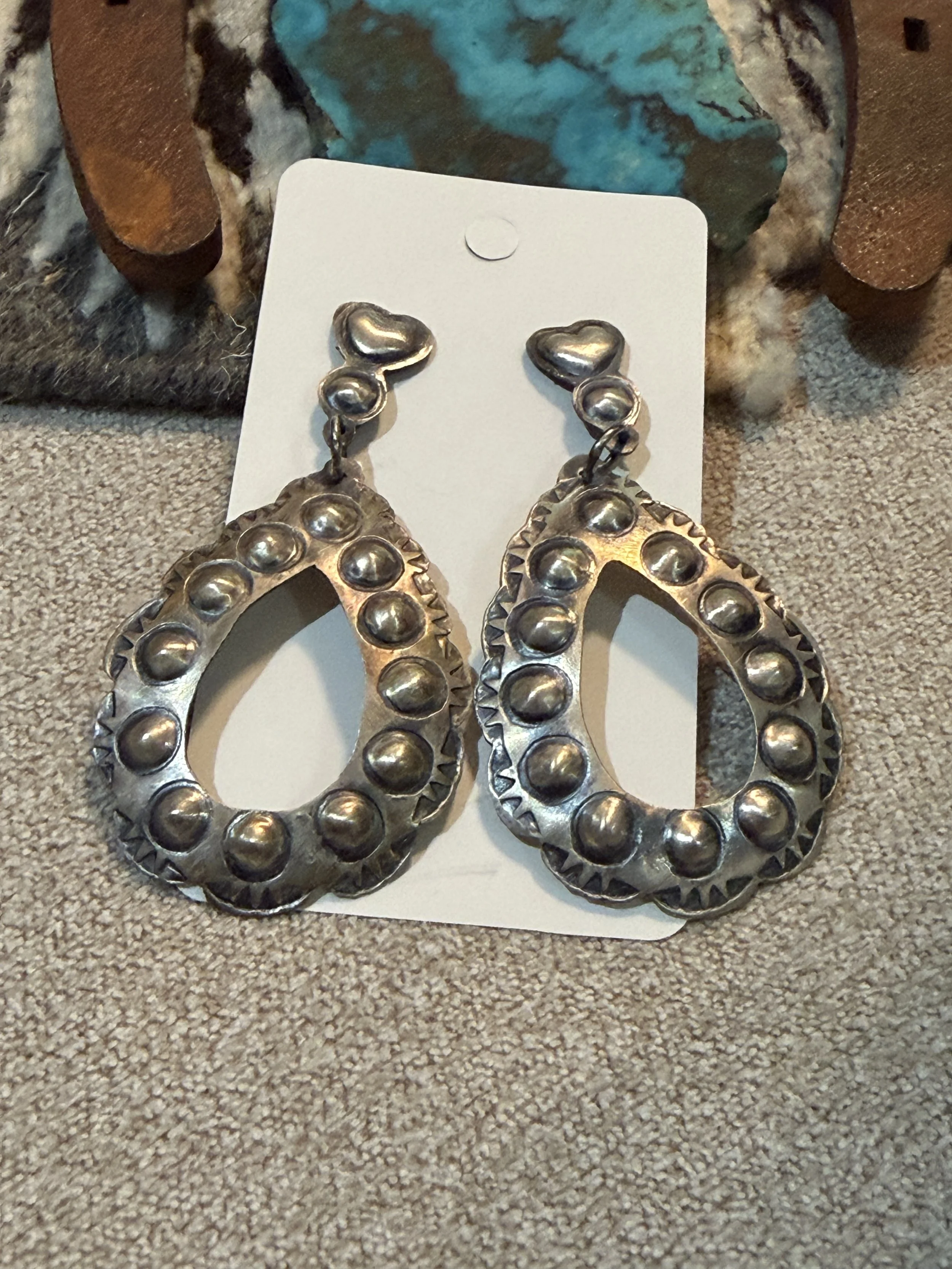 Heart Post Stamped Concho Sterling Silver Earrings