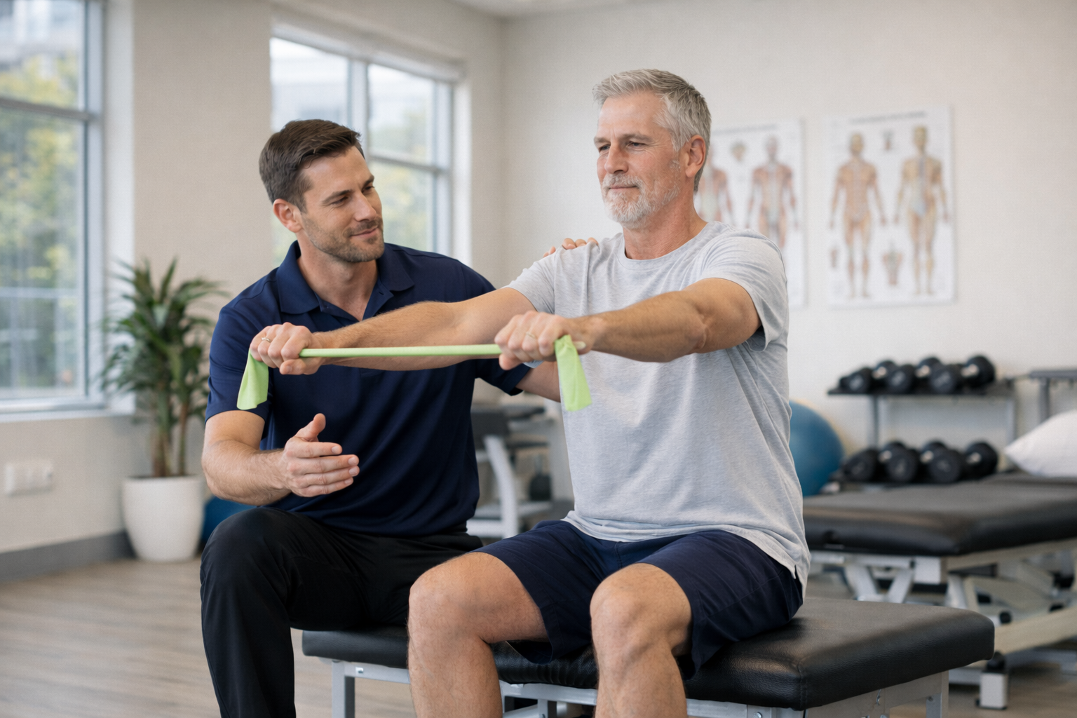 Exercise physiologist guiding a 50–60-year-old patient through strengthening exercises for chronic pain management on the Sunshine Coast.