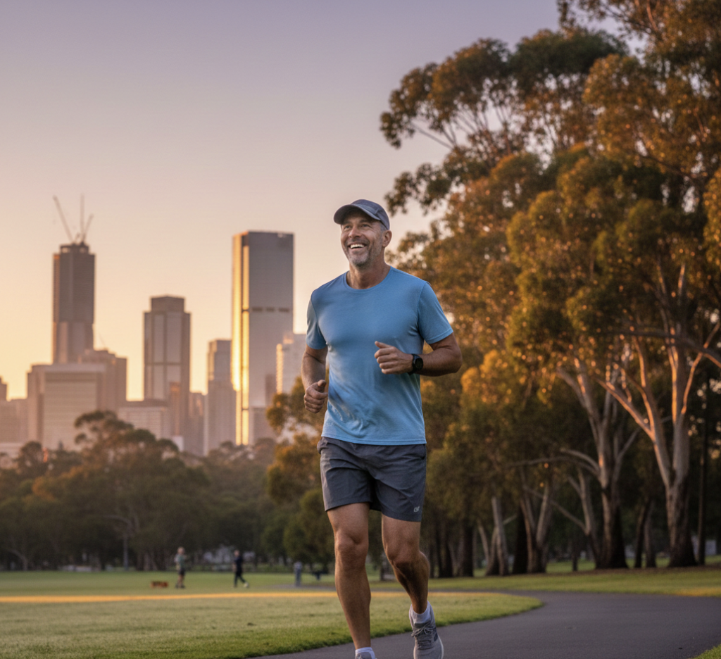 A middle-aged Australian man jogging in a park during sunrise, wearing exercise gear, smiling and looking healthy, with trees and a city skyline in the background.