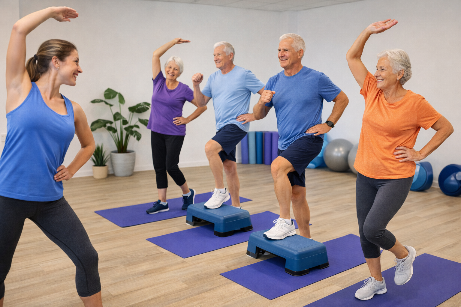 Group fitness class for older adults focusing on flexibility, cardio, and safe active ageing exercises.