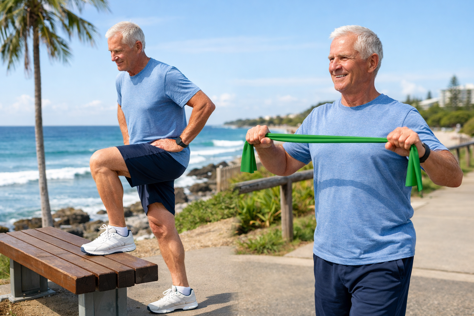 Older adult doing gentle strength and balance exercises outdoors to support active ageing and independence.