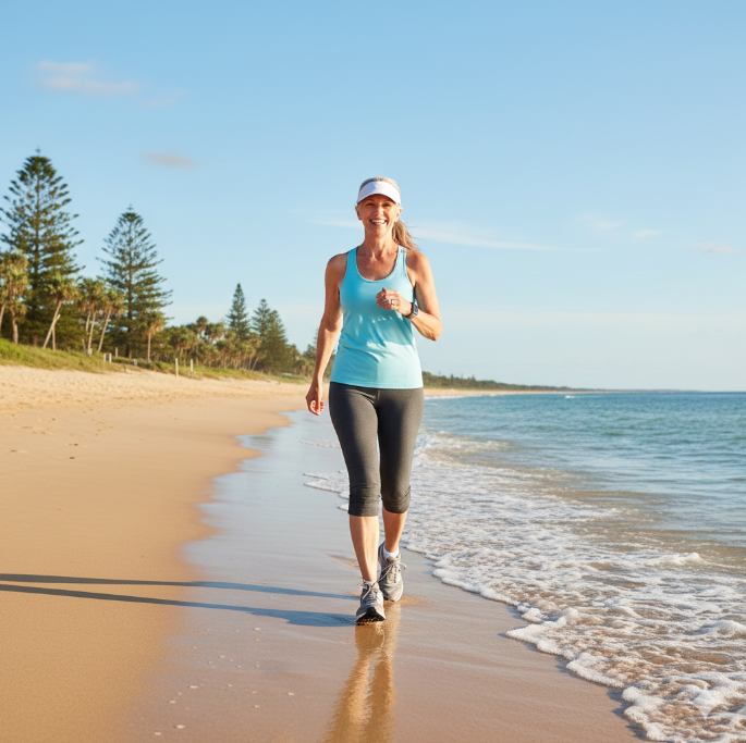 Middle-aged woman walking on Sunshine Coast beach to manage diabetes.