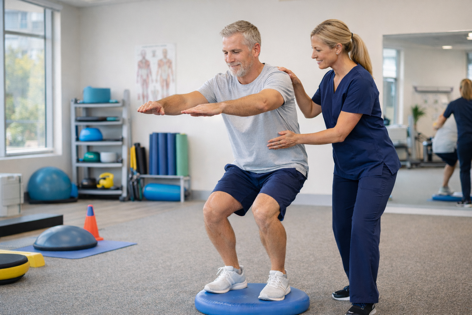 Supervised mobility and strengthening exercises supporting safe injury recovery and improved movement.