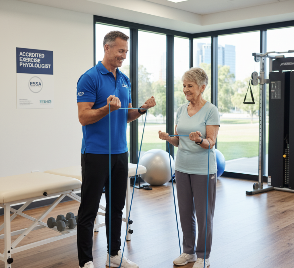 Exercise physiologist assisting elderly woman with heart-healthy resistance training.