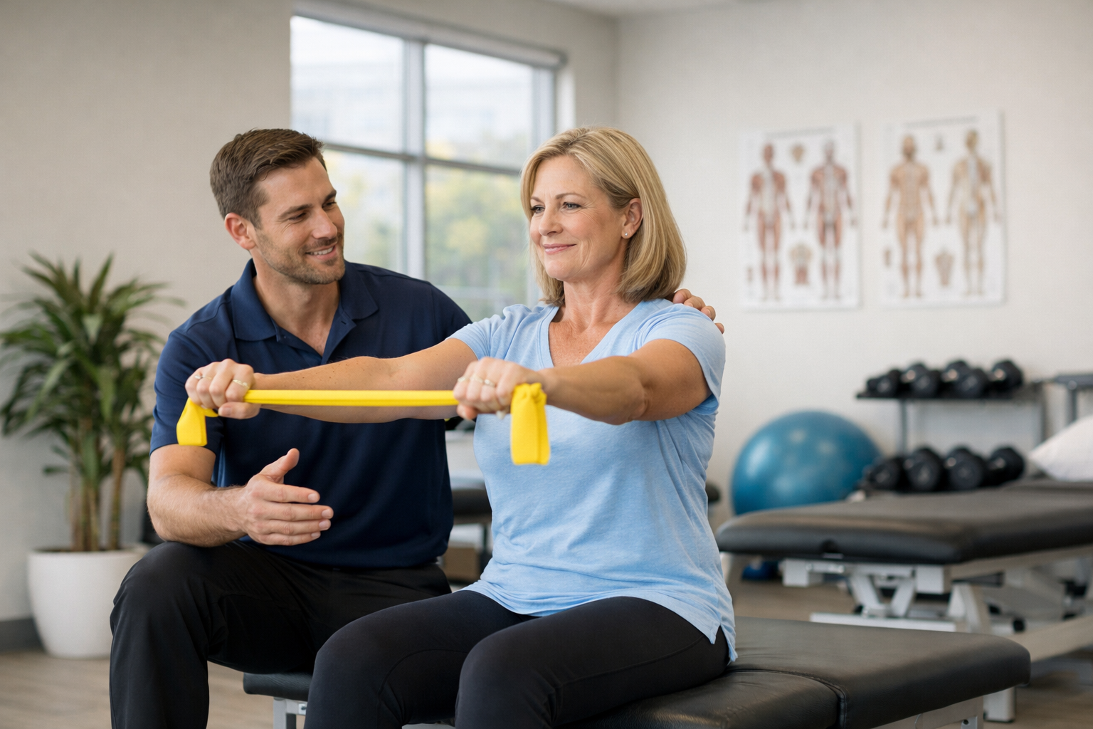 Exercise physiologist guiding rehabilitation exercises for injury recovery in a Sunshine Coast clinic.