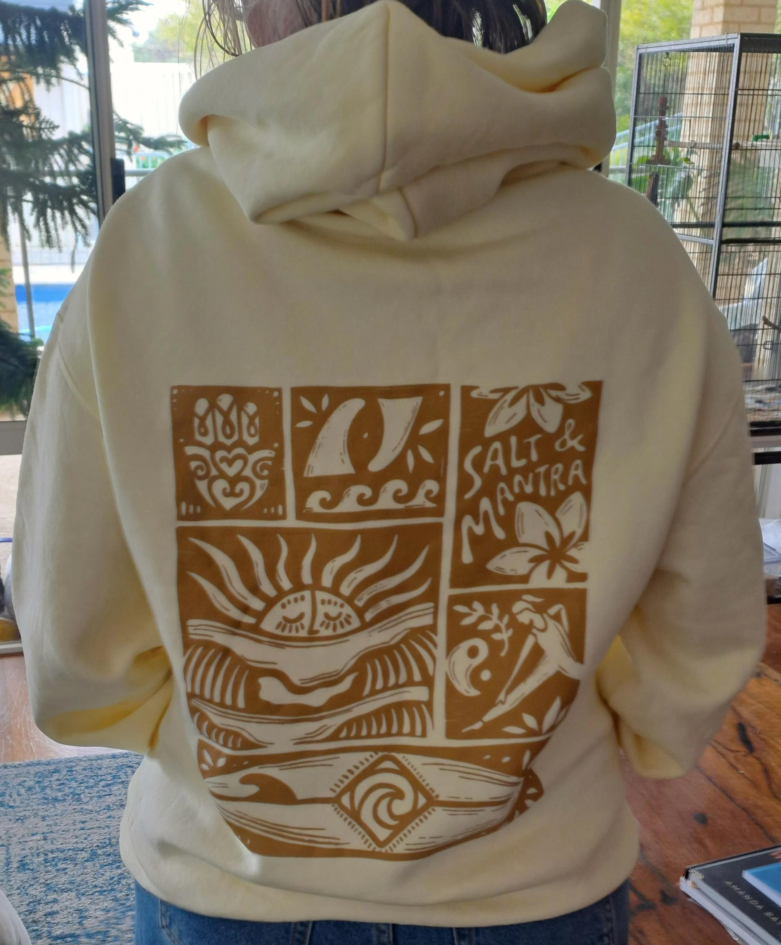 Salt and Mantra Hoody - Butter Yellow with Retro Brown Print (Unisex)