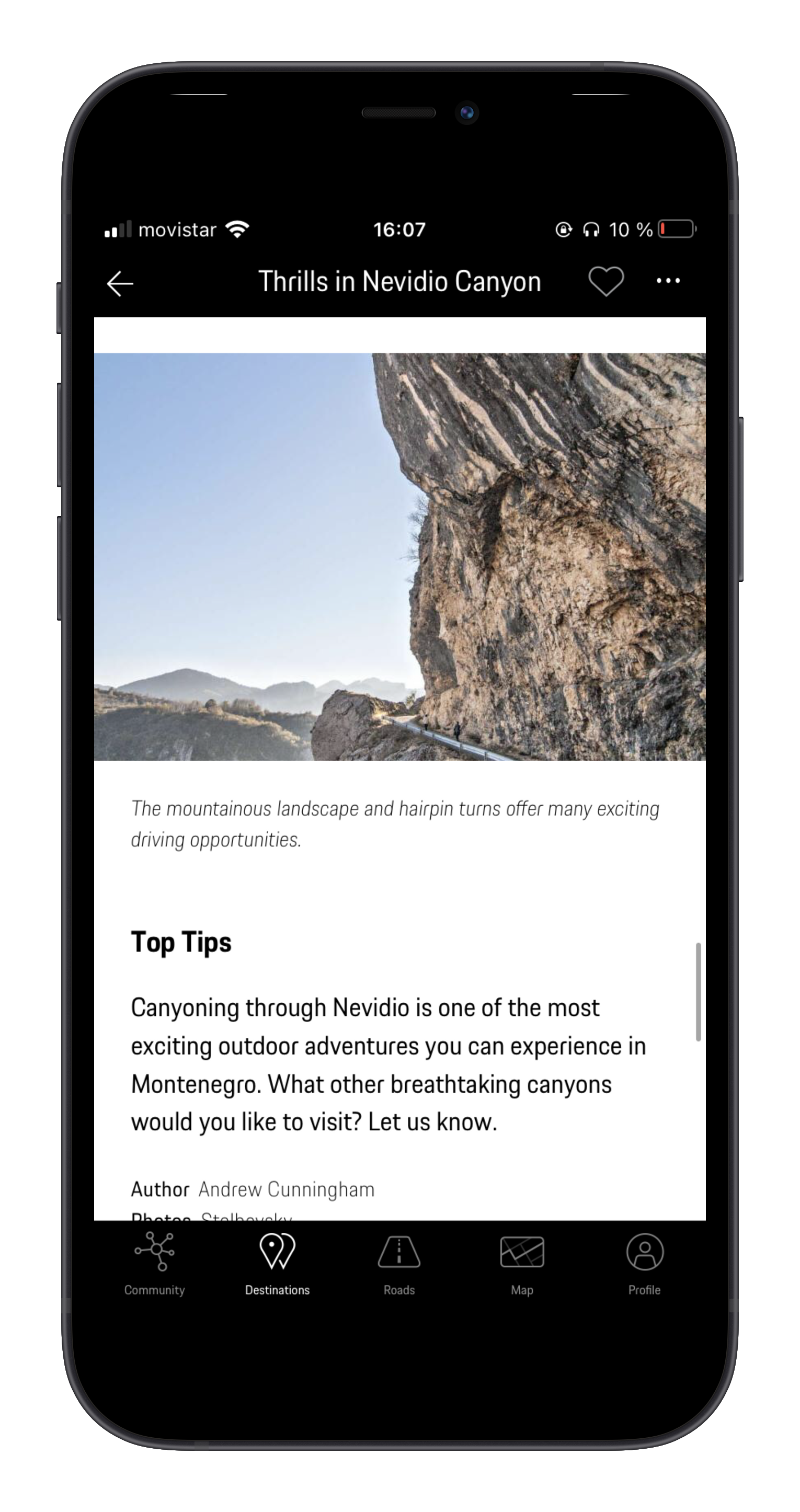 A smartphone screen displaying an app page about thrills in Nevidio Canyon, with an image of a rocky canyon landscape and sections of text with tips for canyoning.