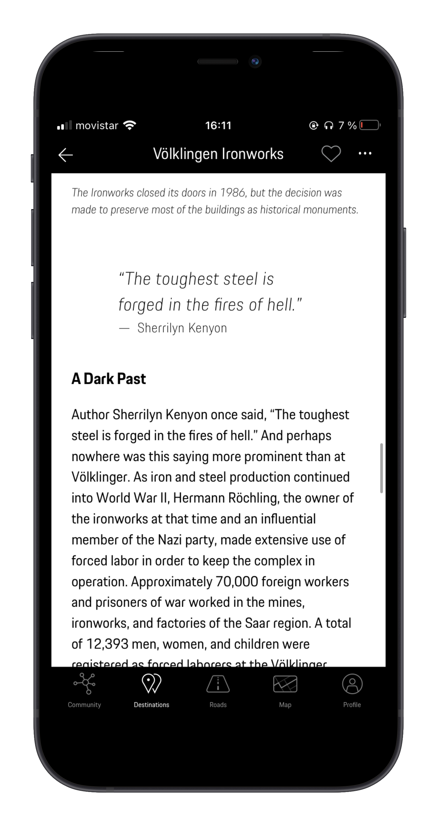 A smartphone screen displaying a webpage about the Völklingen Ironworks, with a quote from Sherilyn Kenyon and details about its history as a WWII-era iron and steel production site.