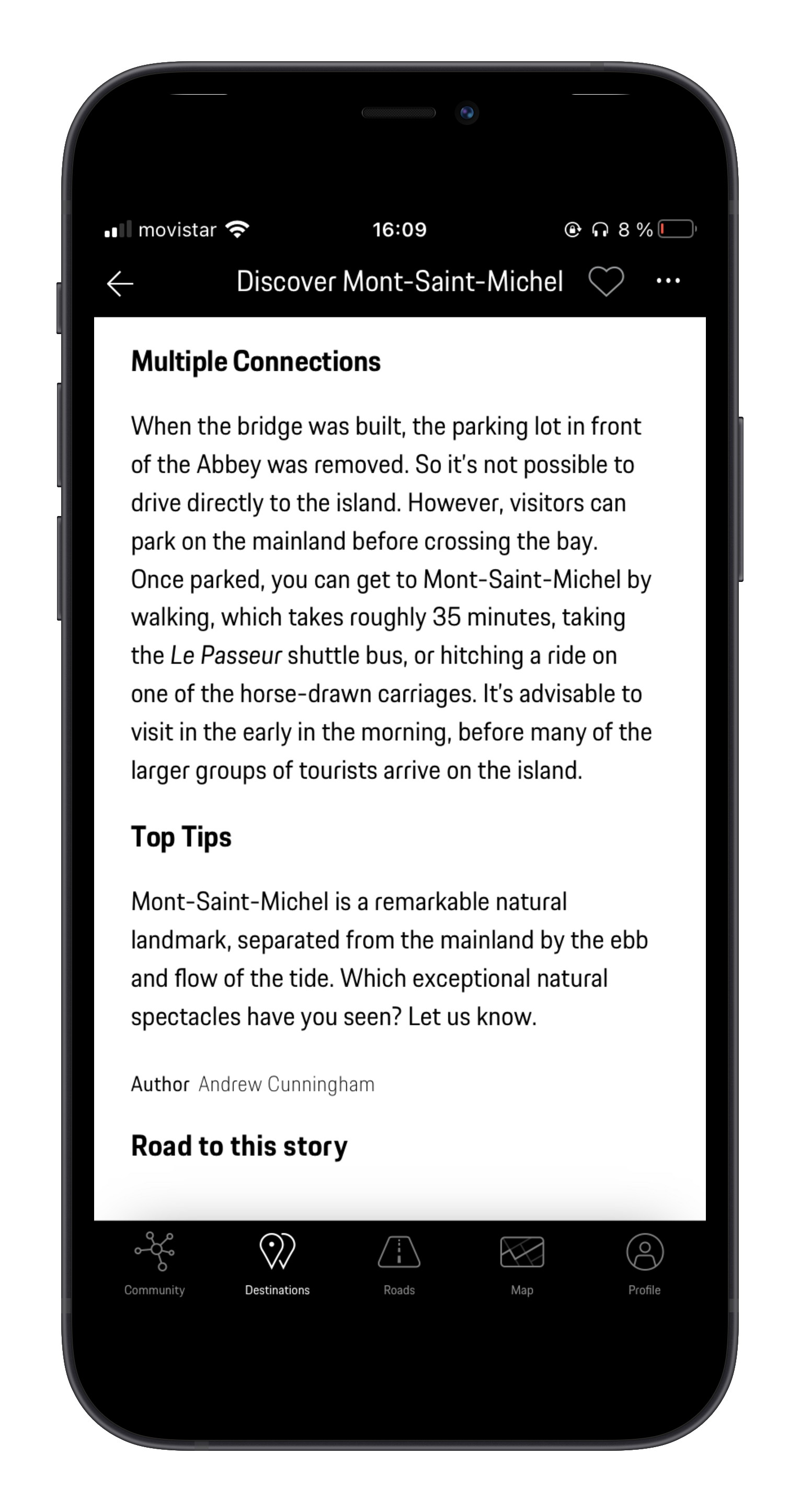 Mobile phone screen displaying a travel app with information about Mont-Saint-Michel, including travel tips and connection options.