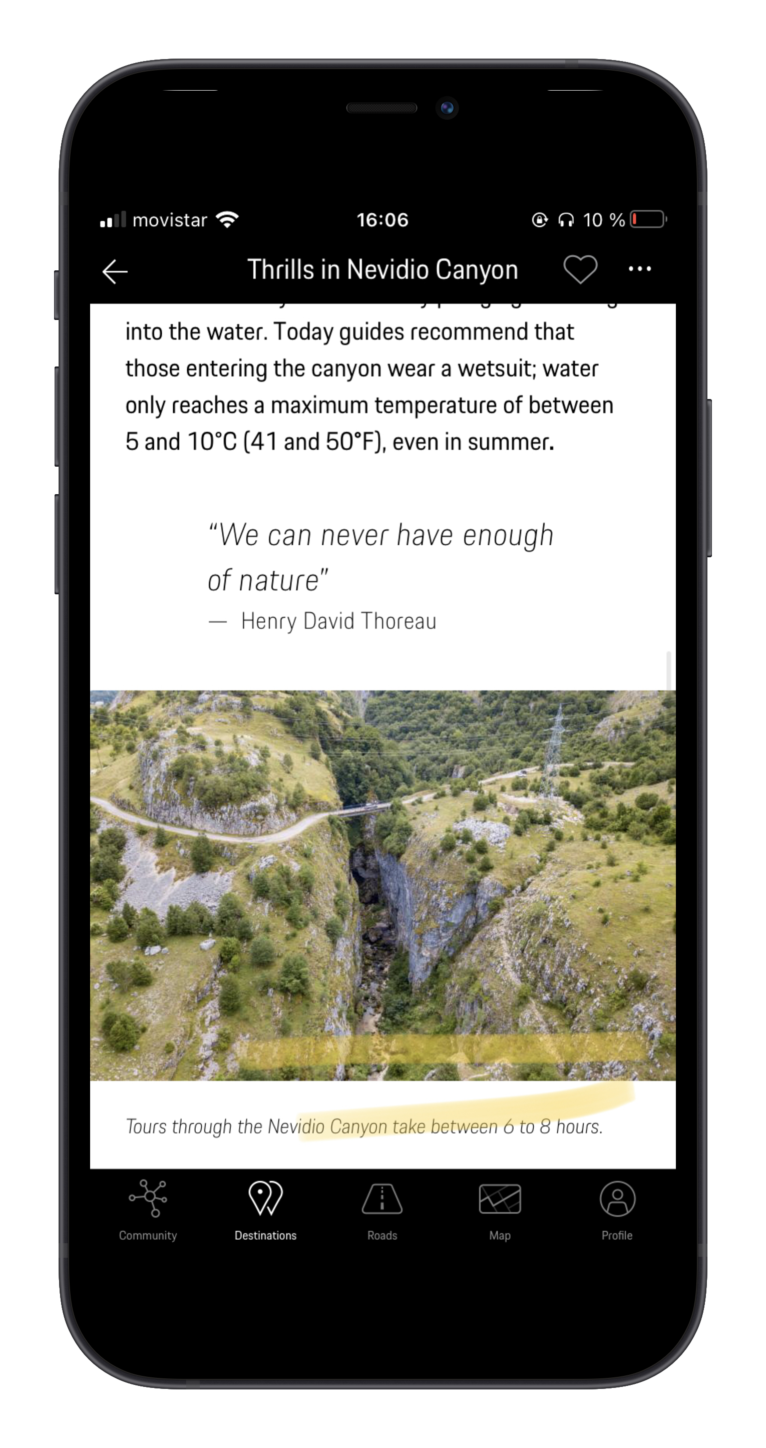 Mobile phone screen displaying travel information about Thrills in Nevidio Canyon, with an image of the canyon and a navigation menu at the bottom.
