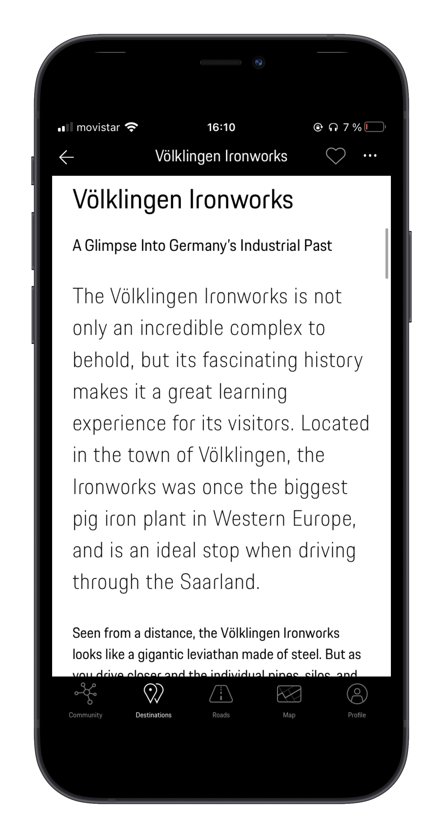 Smartphone screen displaying a travel app with information about Völklingen Ironworks in Germany.