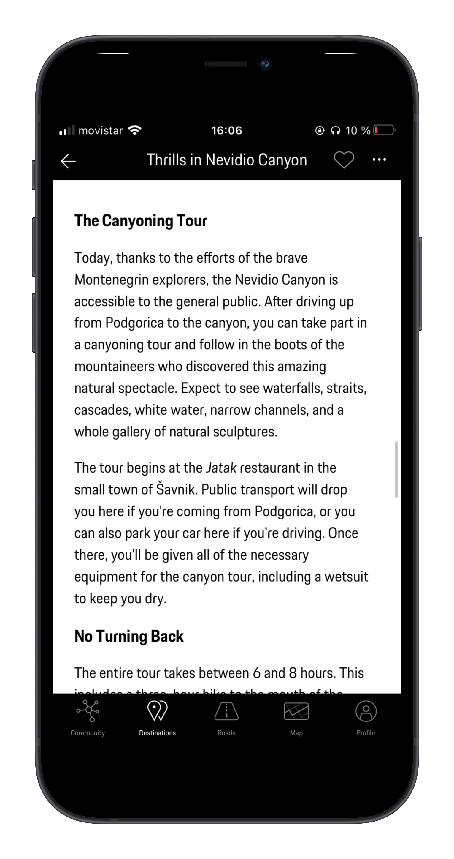 Mobile phone screen displaying an article titled 'Thrills in Nevidio Canyon' with information about canyoning tours and starting point at Jatak restaurant in Savnik.