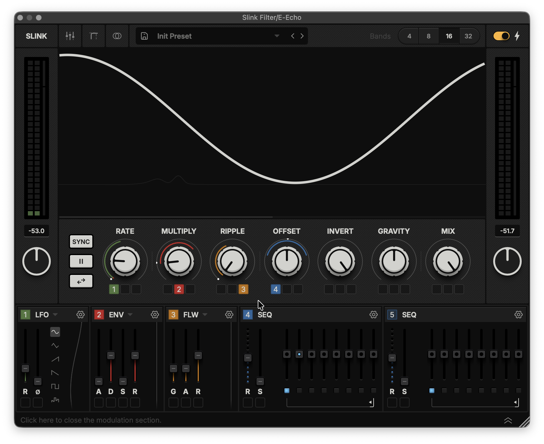 Screenshot of music synthesizer software interface with various controls and a waveform display.
