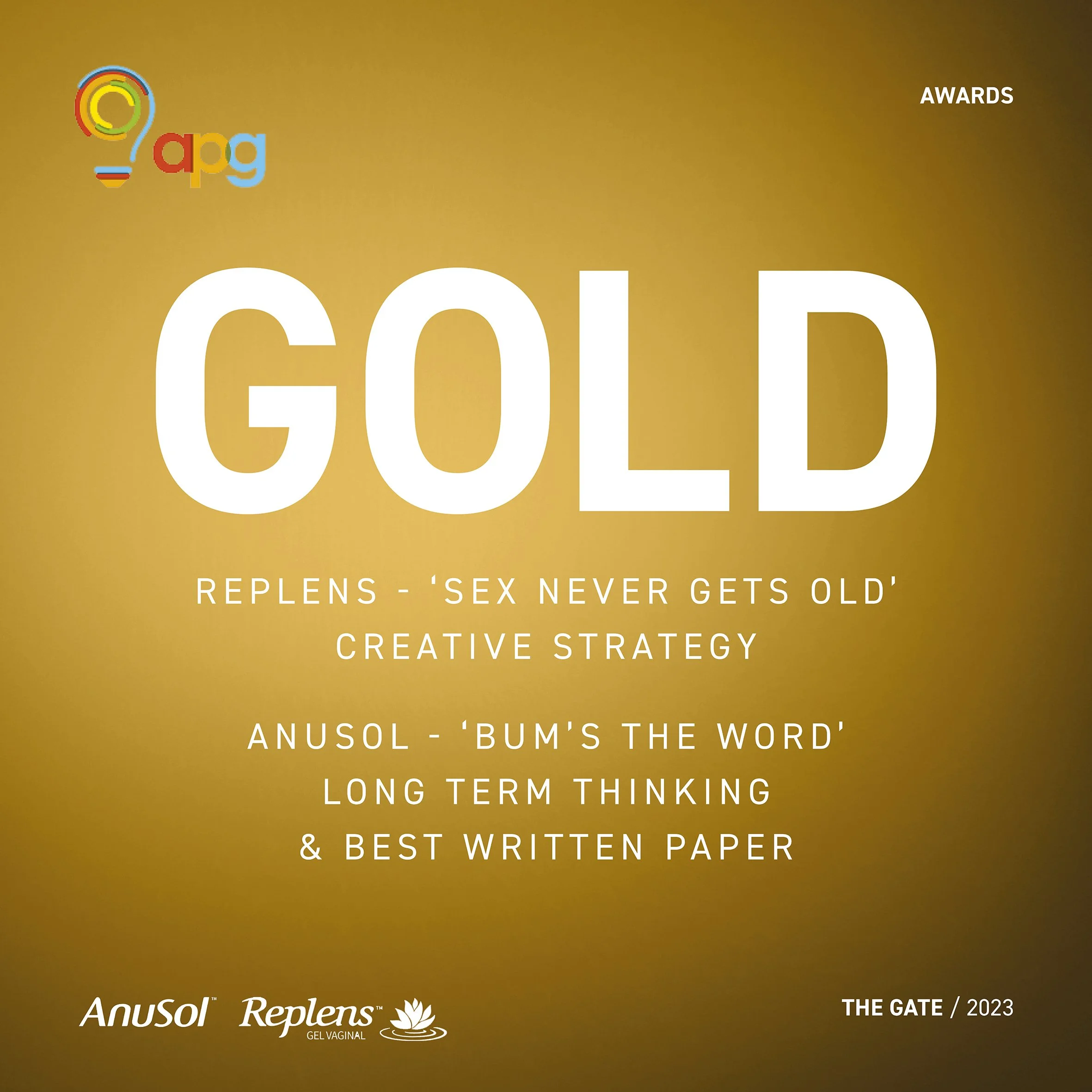 2 Golds for Replens and Anusol at  APG Awards