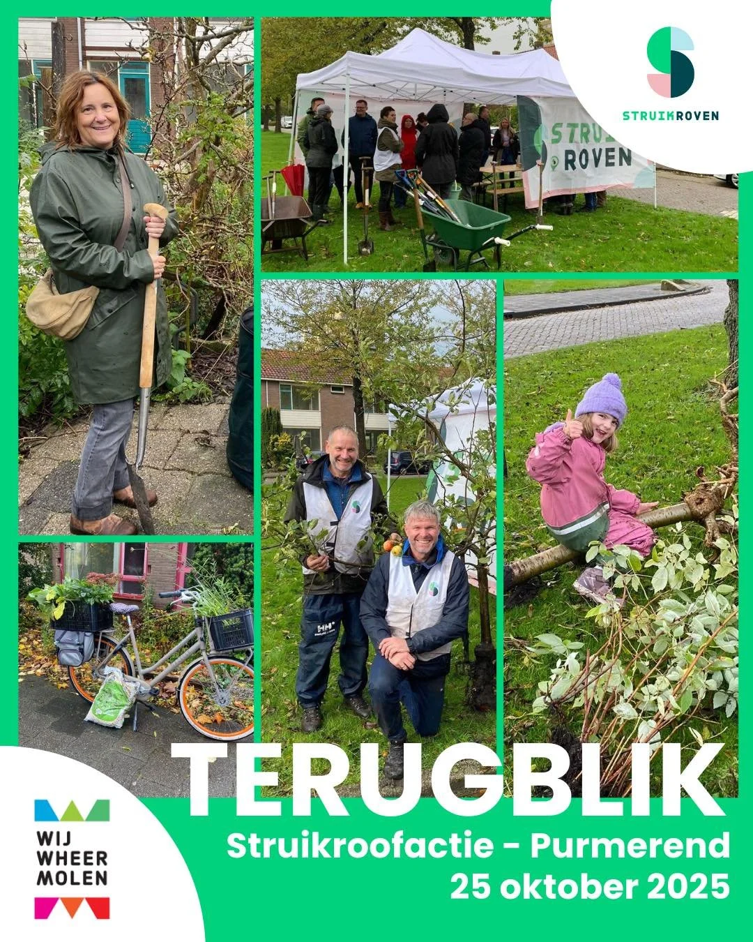 🌱☔️ 𝗧𝗲𝗿𝘂𝗴𝗯𝗹𝗶𝗸: 𝗿𝗲𝗴𝗲𝗻𝗮𝗰𝗵𝘁𝗶𝗴 𝗺𝗮𝗮𝗿 𝗽𝗿𝗮𝗰𝗵𝘁𝗶𝗴, 𝗦𝘁𝗿𝘂𝗶𝗸𝗿𝗼𝘃𝗲𝗻 𝗶𝗻 𝗣𝘂𝗿𝗺𝗲𝗿𝗲𝗻𝗱! 

Laarzen en regenjas aan, lach op je gezicht &eacute;n gaan! Niks weerhield om afgelopen zaterdag groen te redden in de wijk W