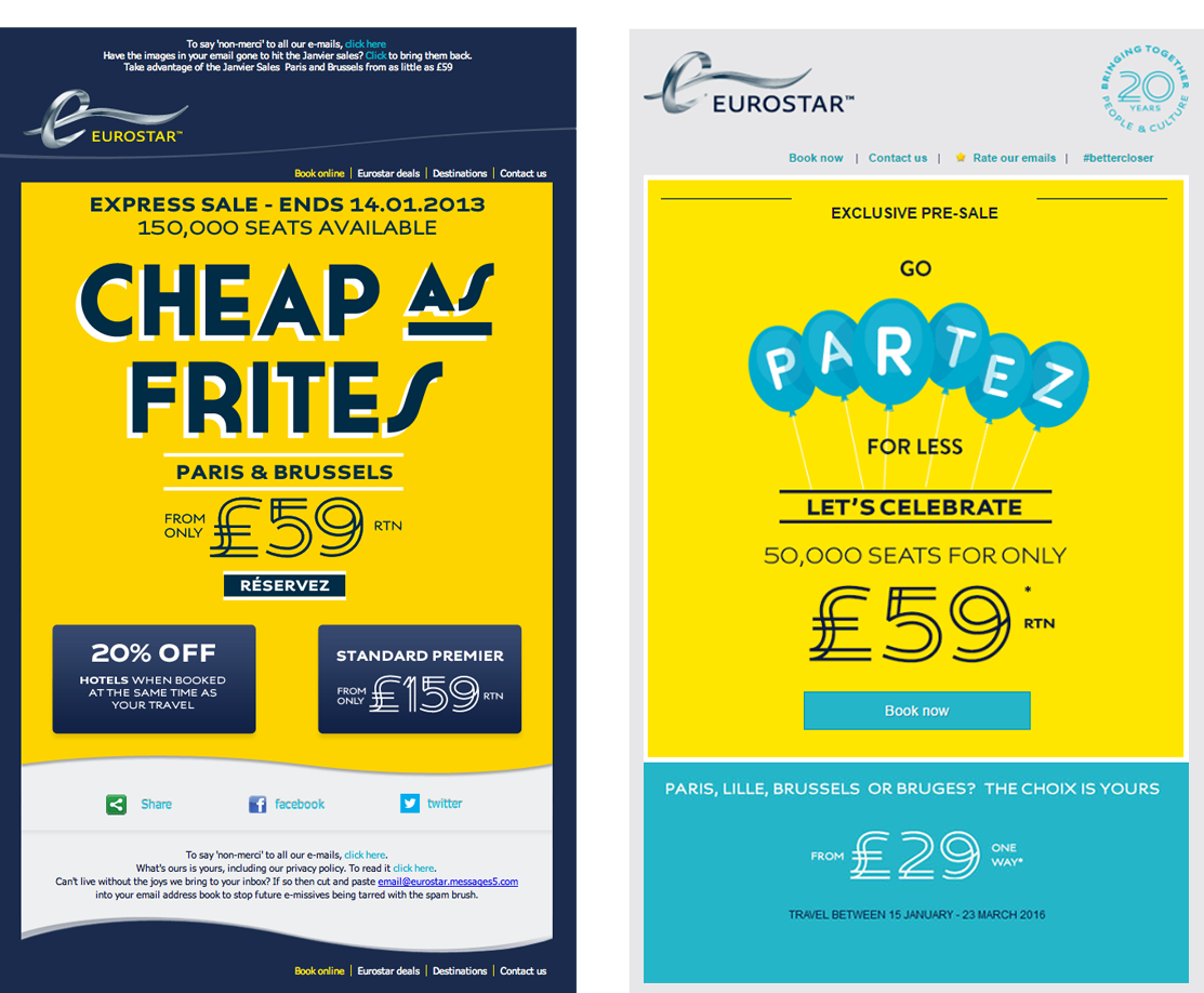 Two travel  emails promoting the Eurostar rail service to Paris and Brussels from London.