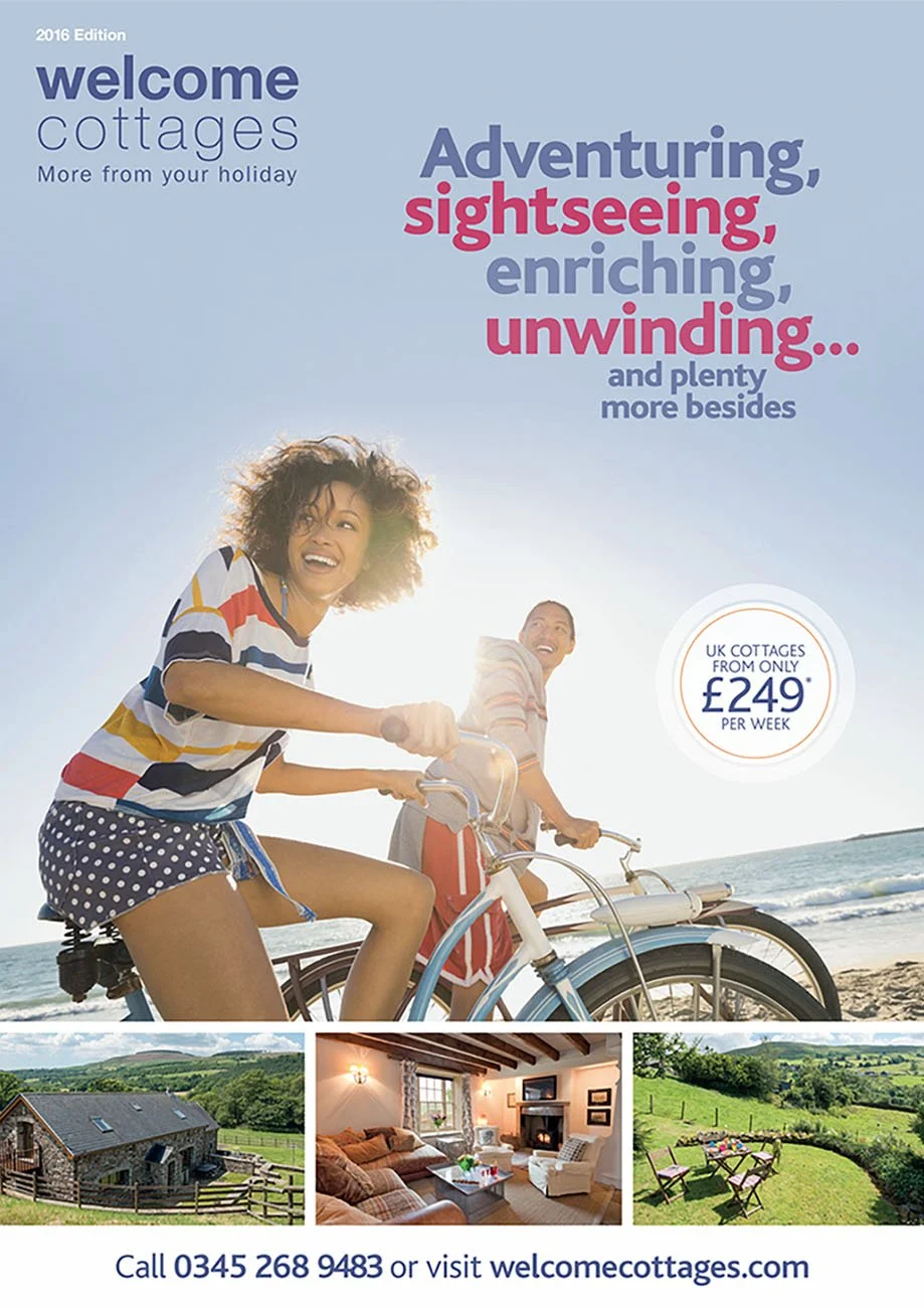 Brochure cover ffor Welcome Cotages featuring a woman and man riding bikes on the beach/